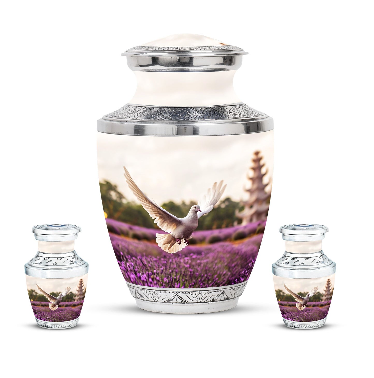White Dove On Purple Theme Large Urn With 2 Keepsake Urn