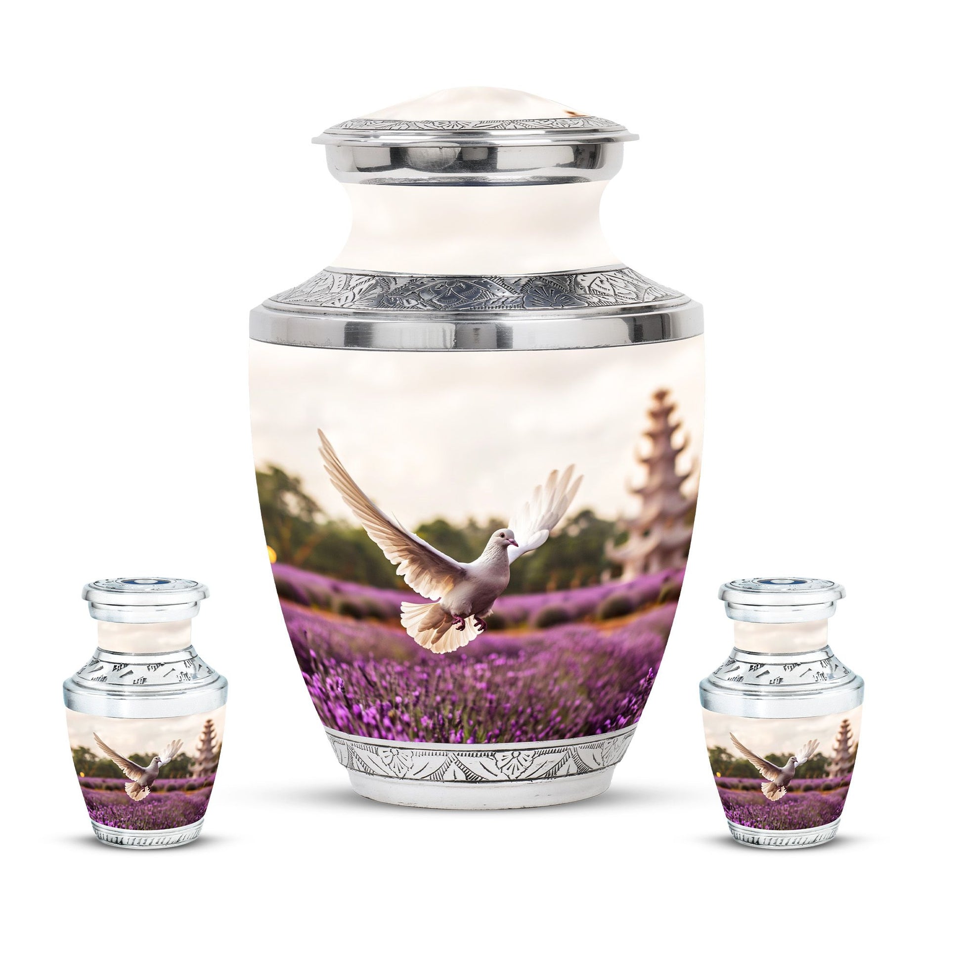 White Dove On Purple Theme Large Urn With 2 Keepsake Urn