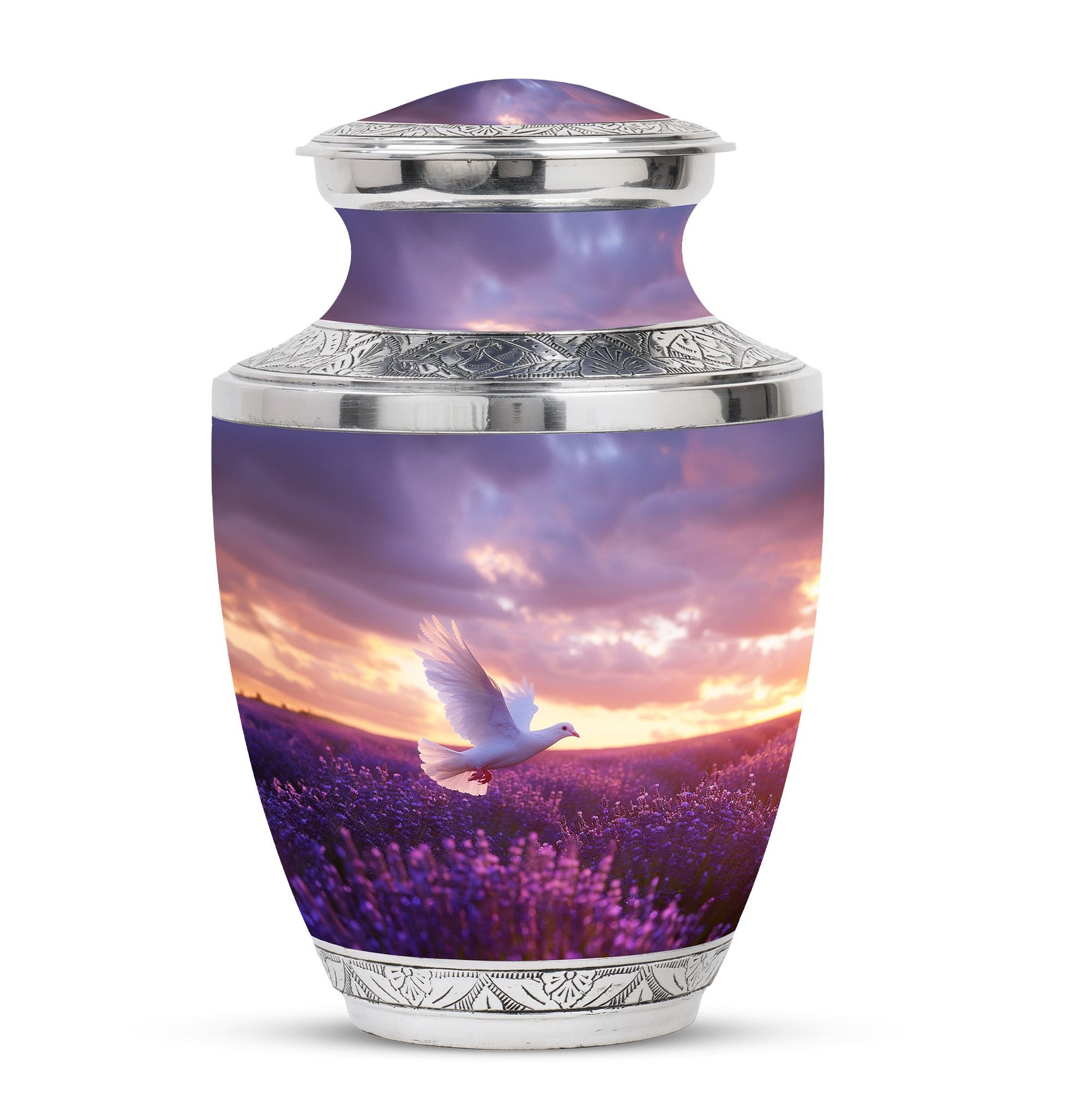 White Dove On Purple Theme Large Urn 10 Inch