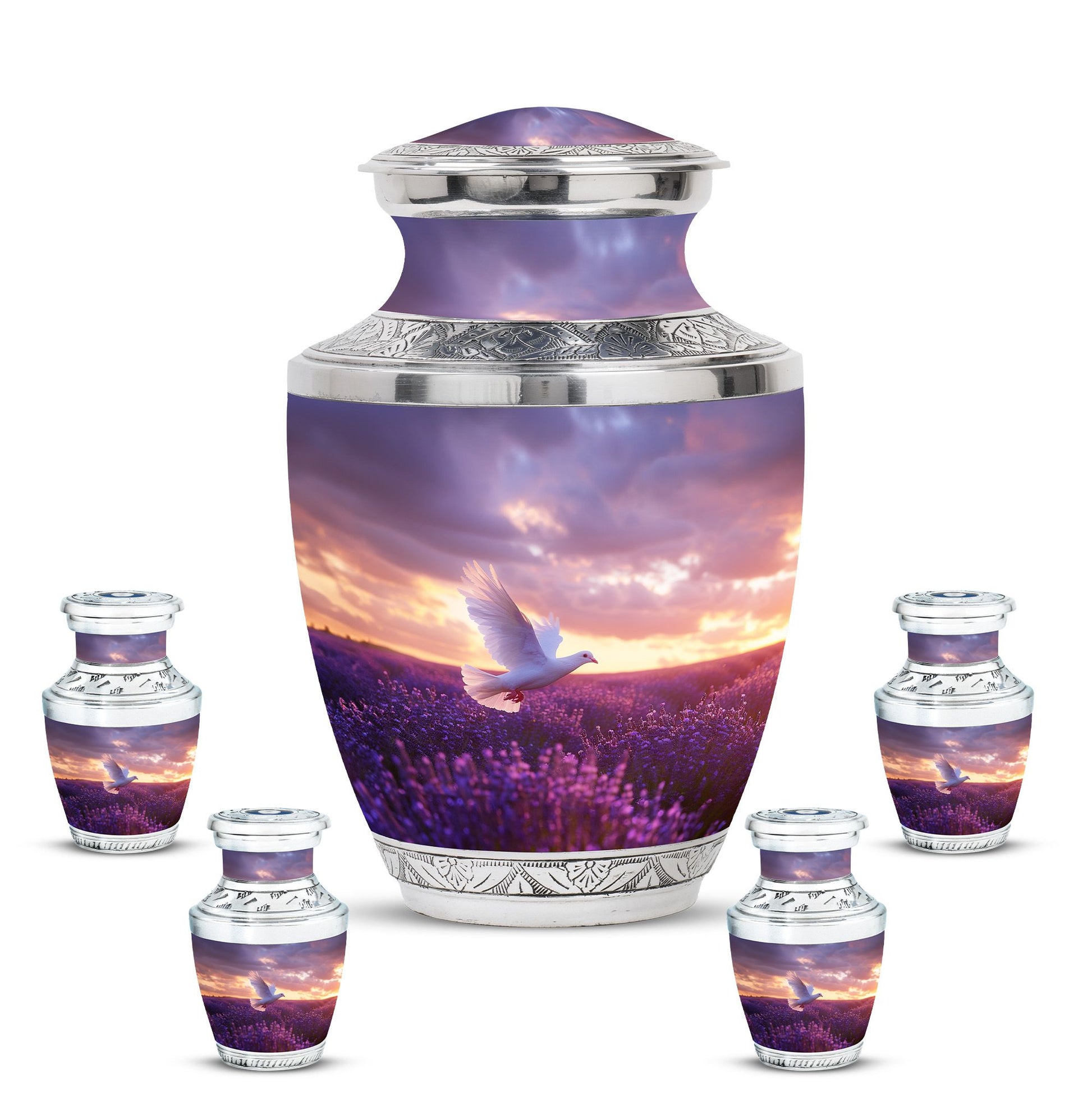 White Dove On Purple Theme Large Urn With 4 Keepsake Urn