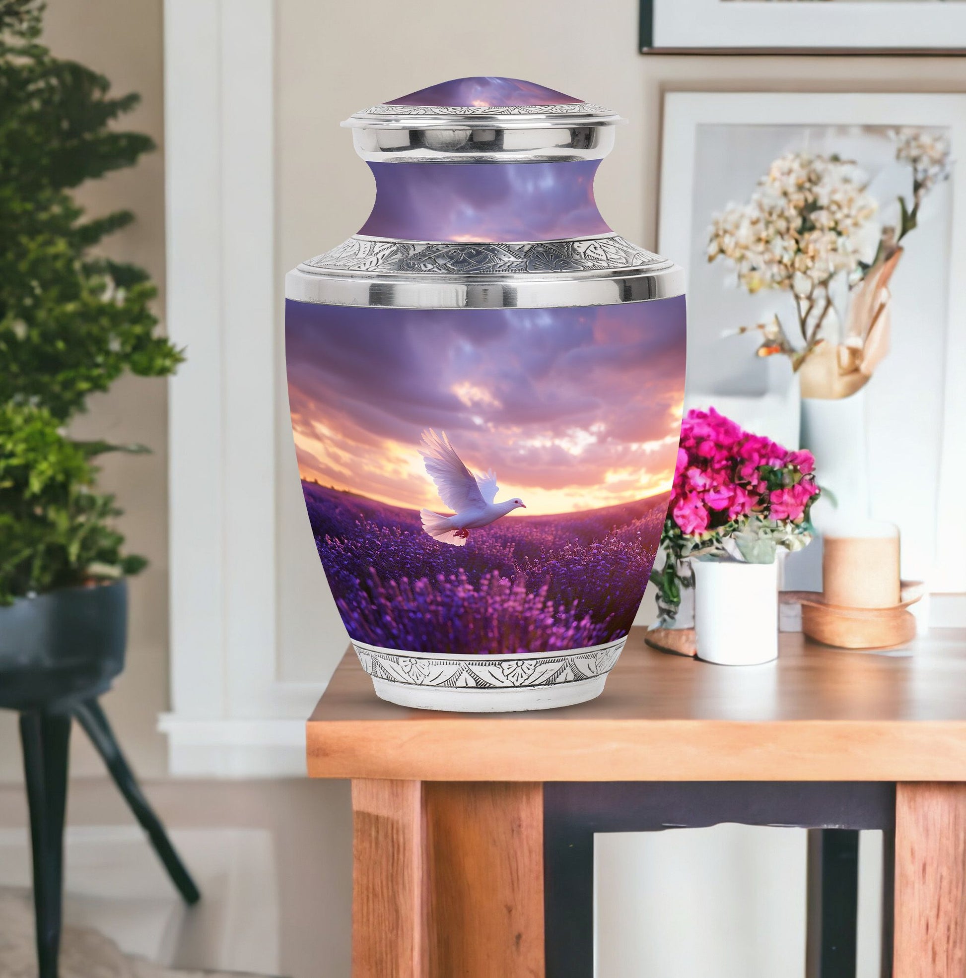 White Dove On Purple Theme Large Urn With 1 Keepsake Urn