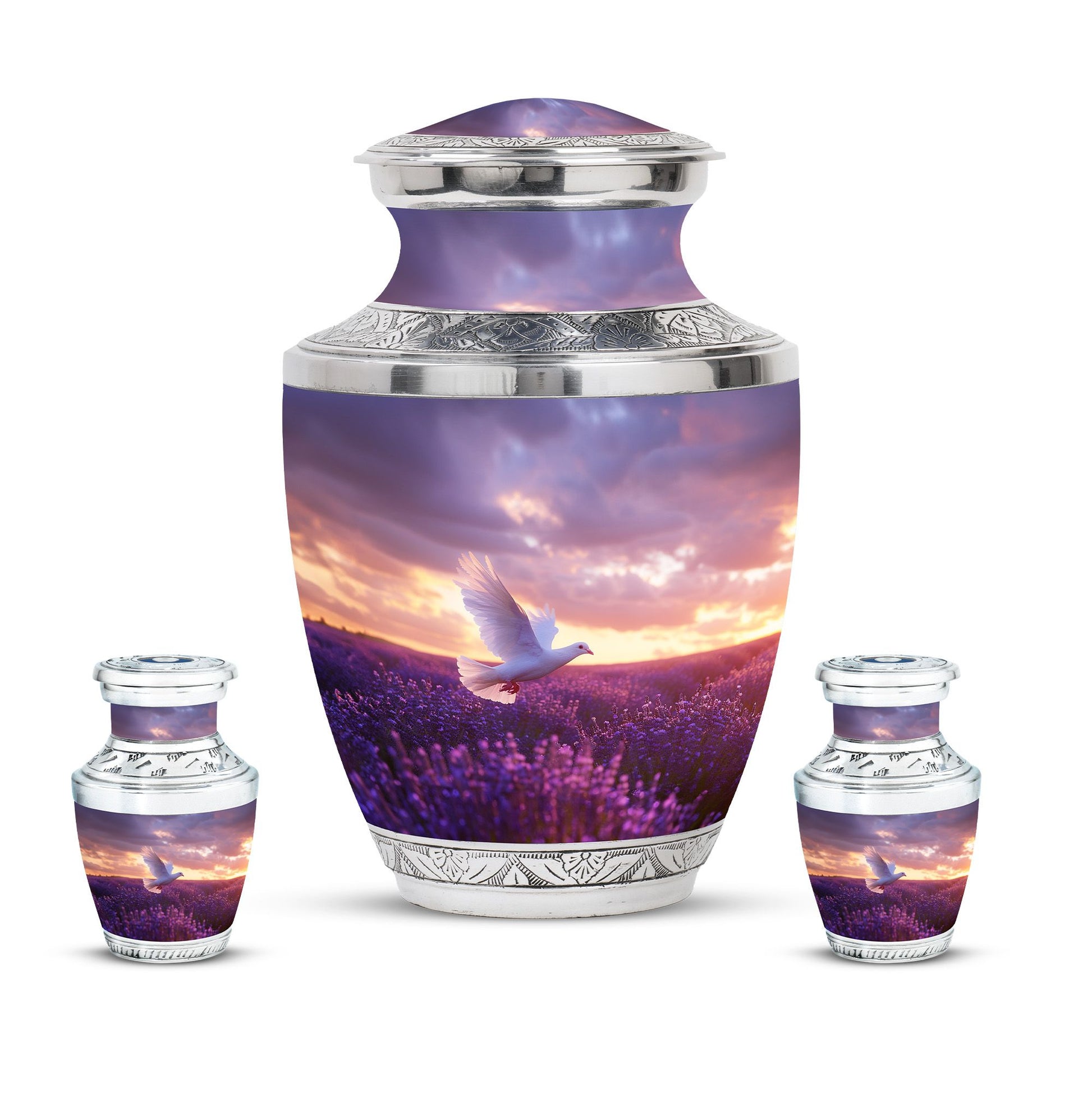 White Dove On Purple Theme Large Urn With 2 Keepsake Urn