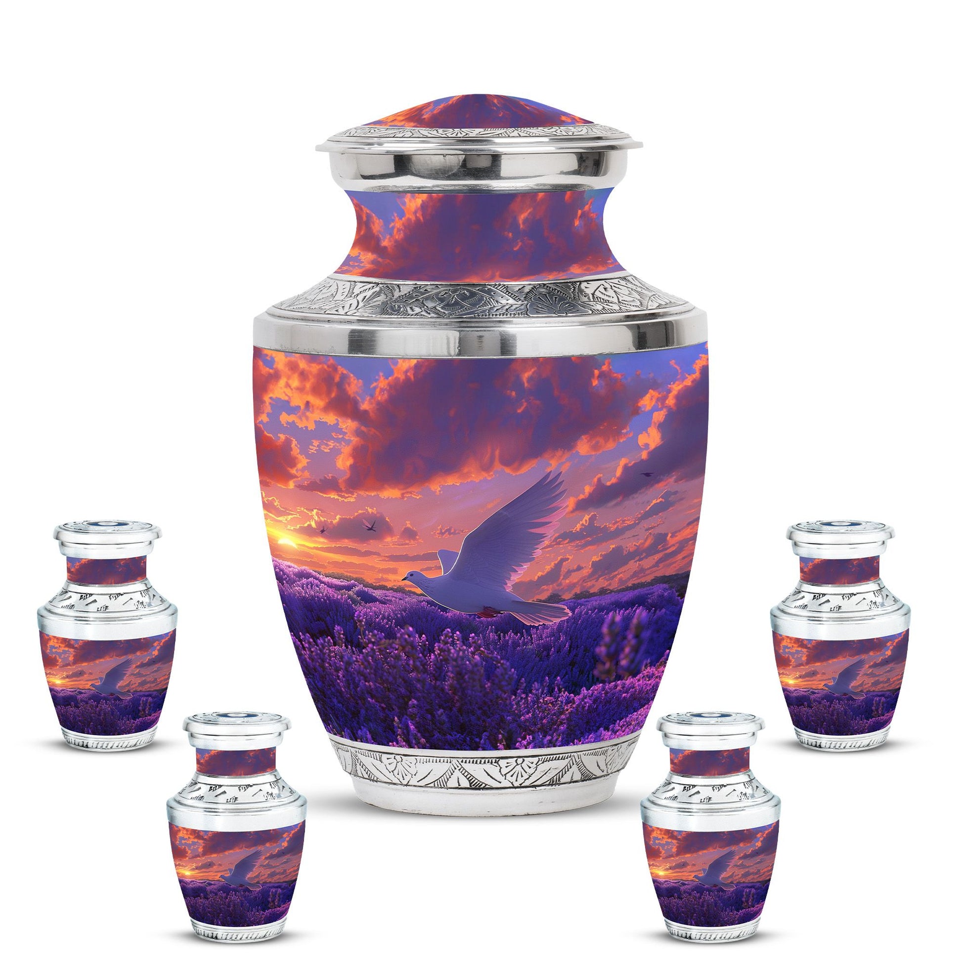 White Dove On Purple Theme Large Urn With 4 Keepsake Urn