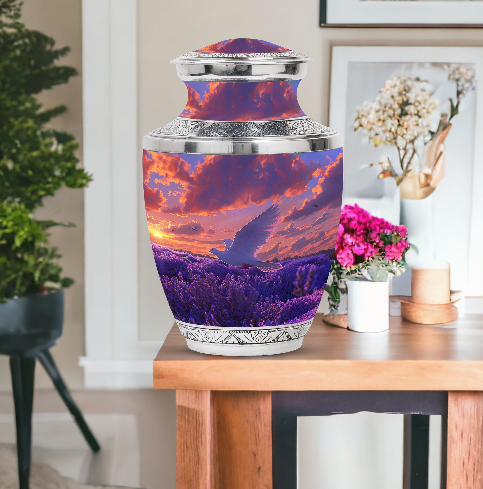 White Dove On Purple Theme Large Urn With 1 Keepsake Urn