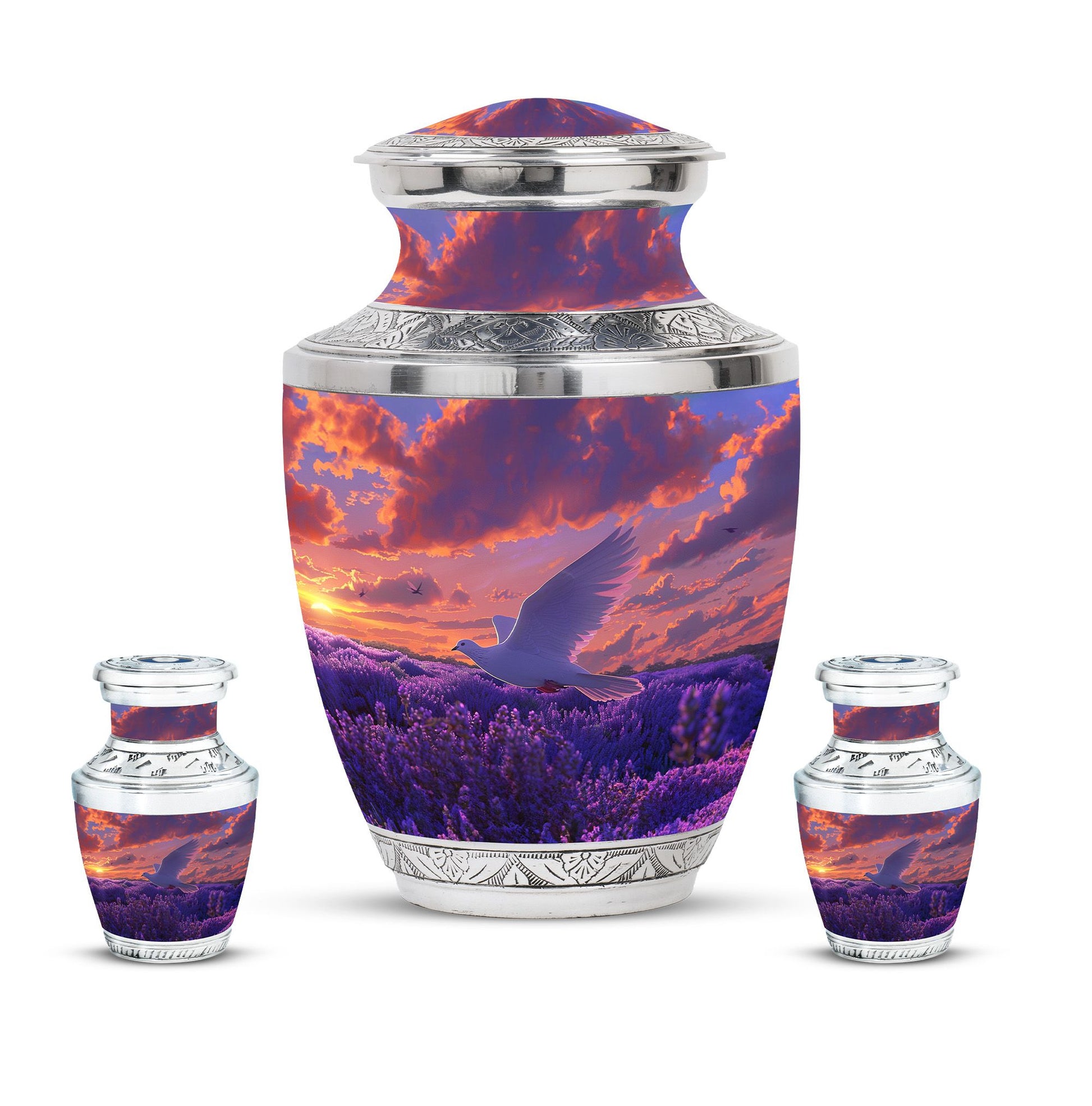 White Dove On Purple Theme Large Urn With 2 Keepsake Urn