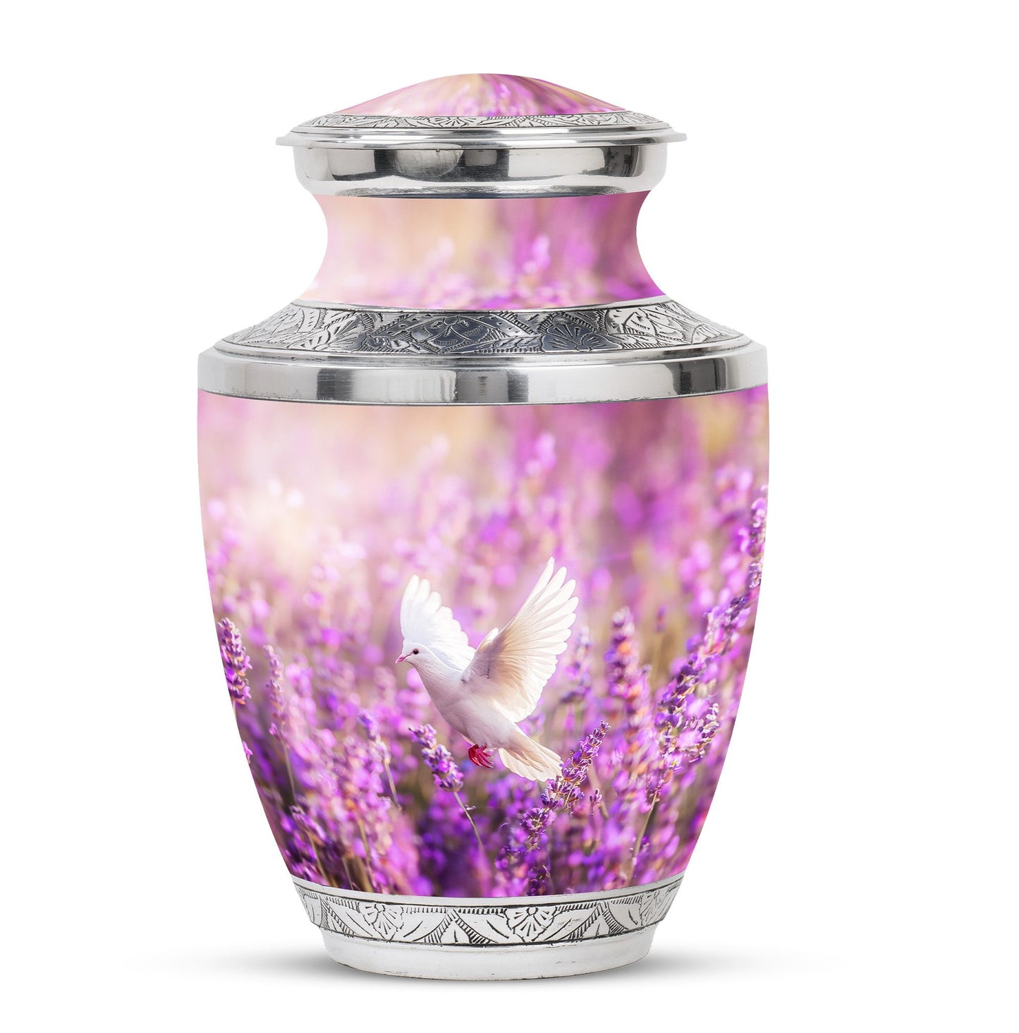 White Dove On Purple Theme Large Urn 10 Inch