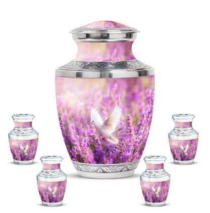 White Dove On Purple Theme Large Urn With 4 Keepsake Urn