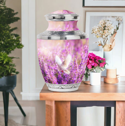 White Dove On Purple Theme Large Urn With 1 Keepsake Urn