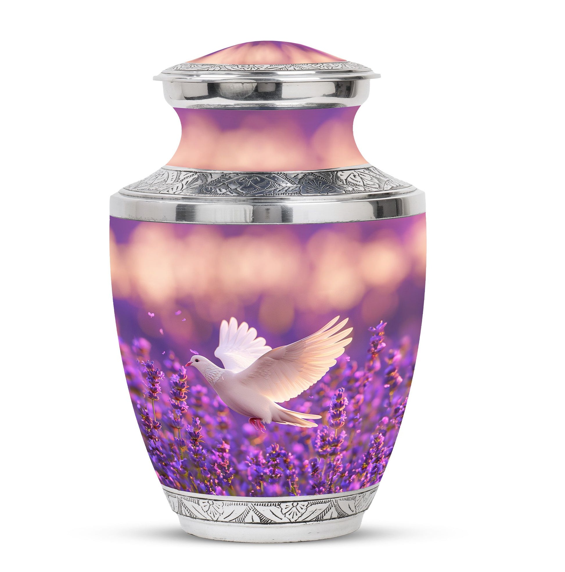 White Dove On Purple Theme Large Urn 10 Inch