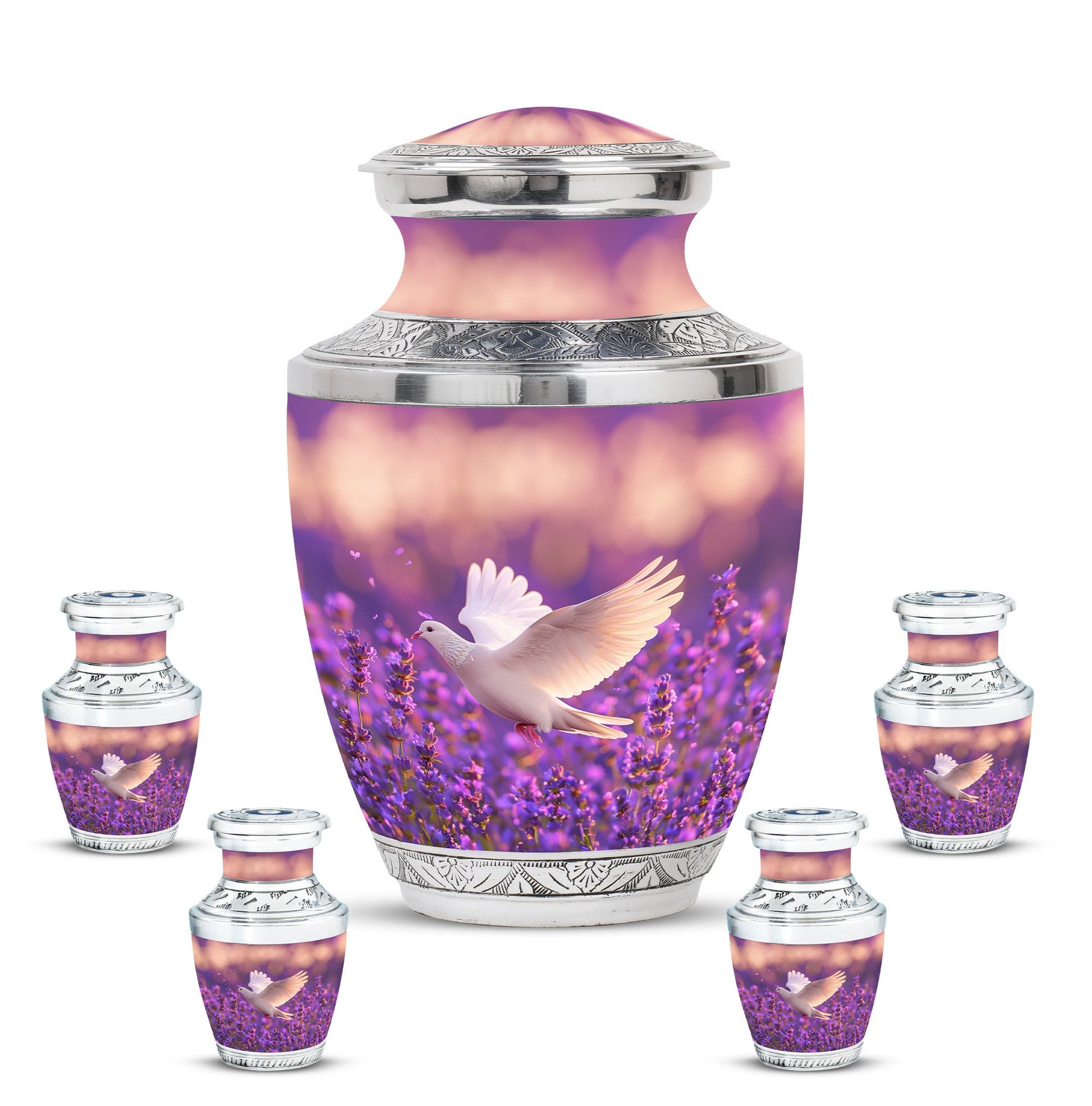 White Dove On Purple Theme Large Urn With 4 Keepsake Urn