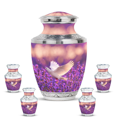 White Dove On Purple Theme Large Urn With 4 Keepsake Urn