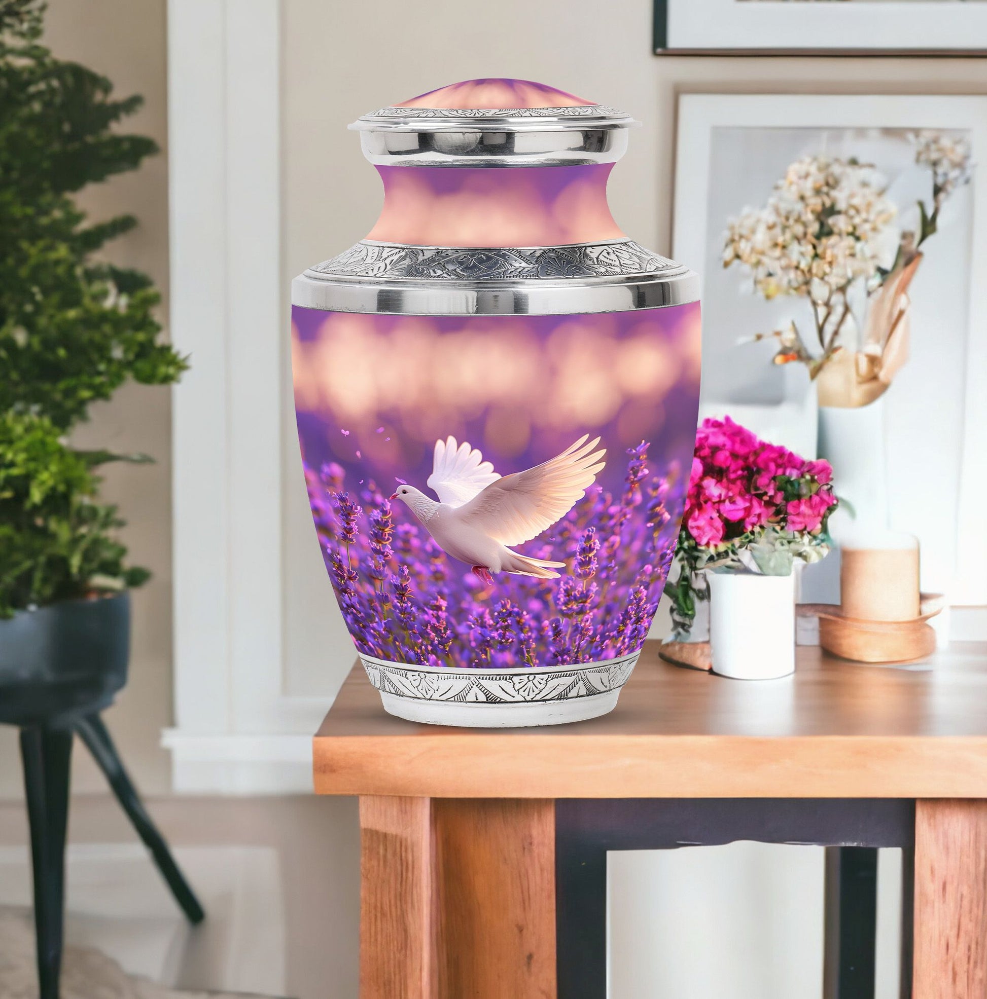White Dove On Purple Theme Large Urn With 1 Keepsake Urn