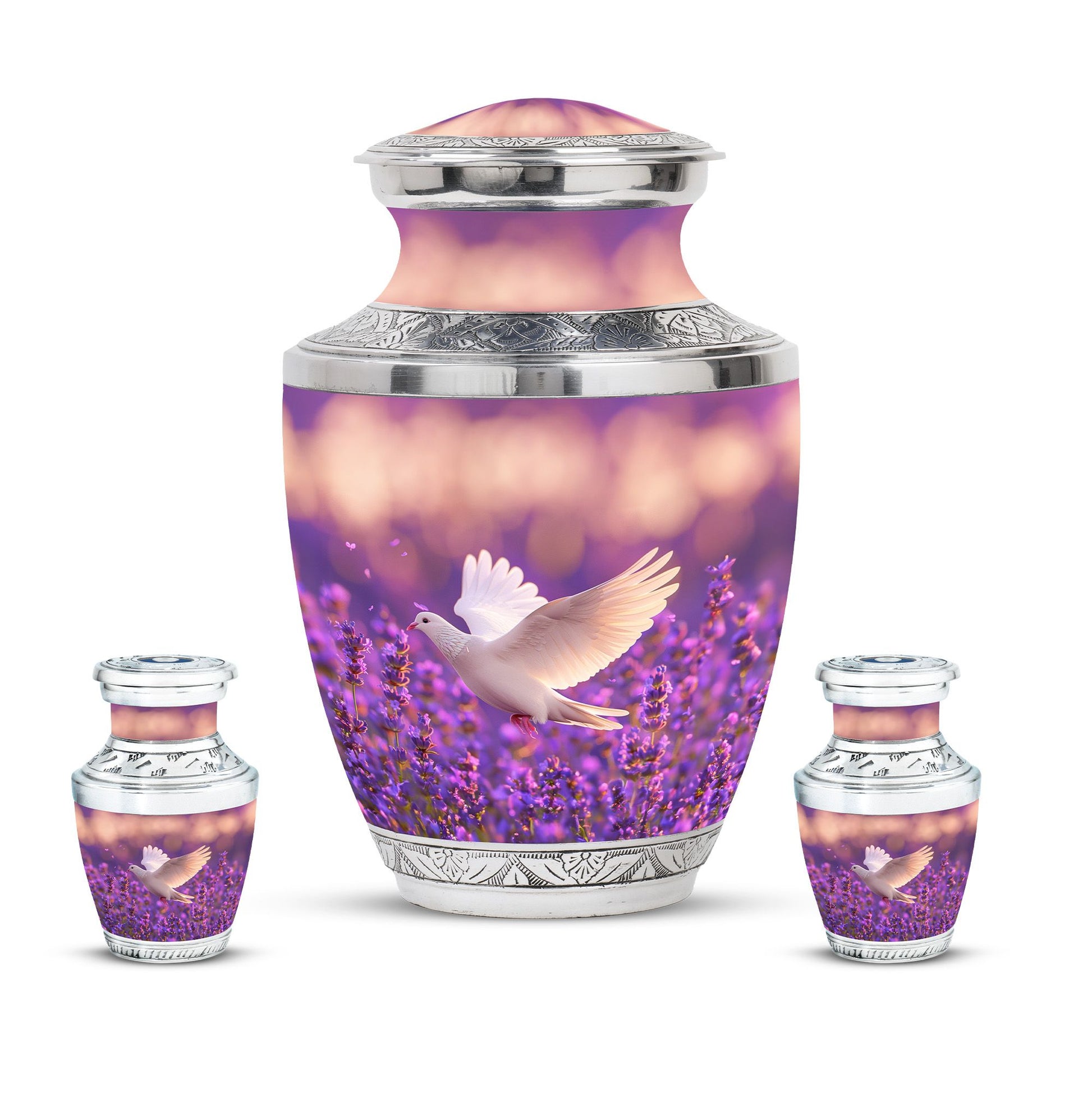 White Dove On Purple Theme Large Urn With 2 Keepsake Urn