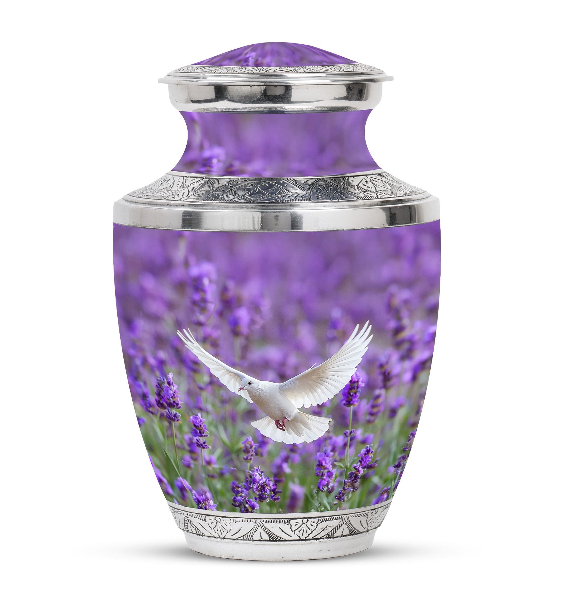 White Dove On Purple Theme Large Urn 10 Inch
