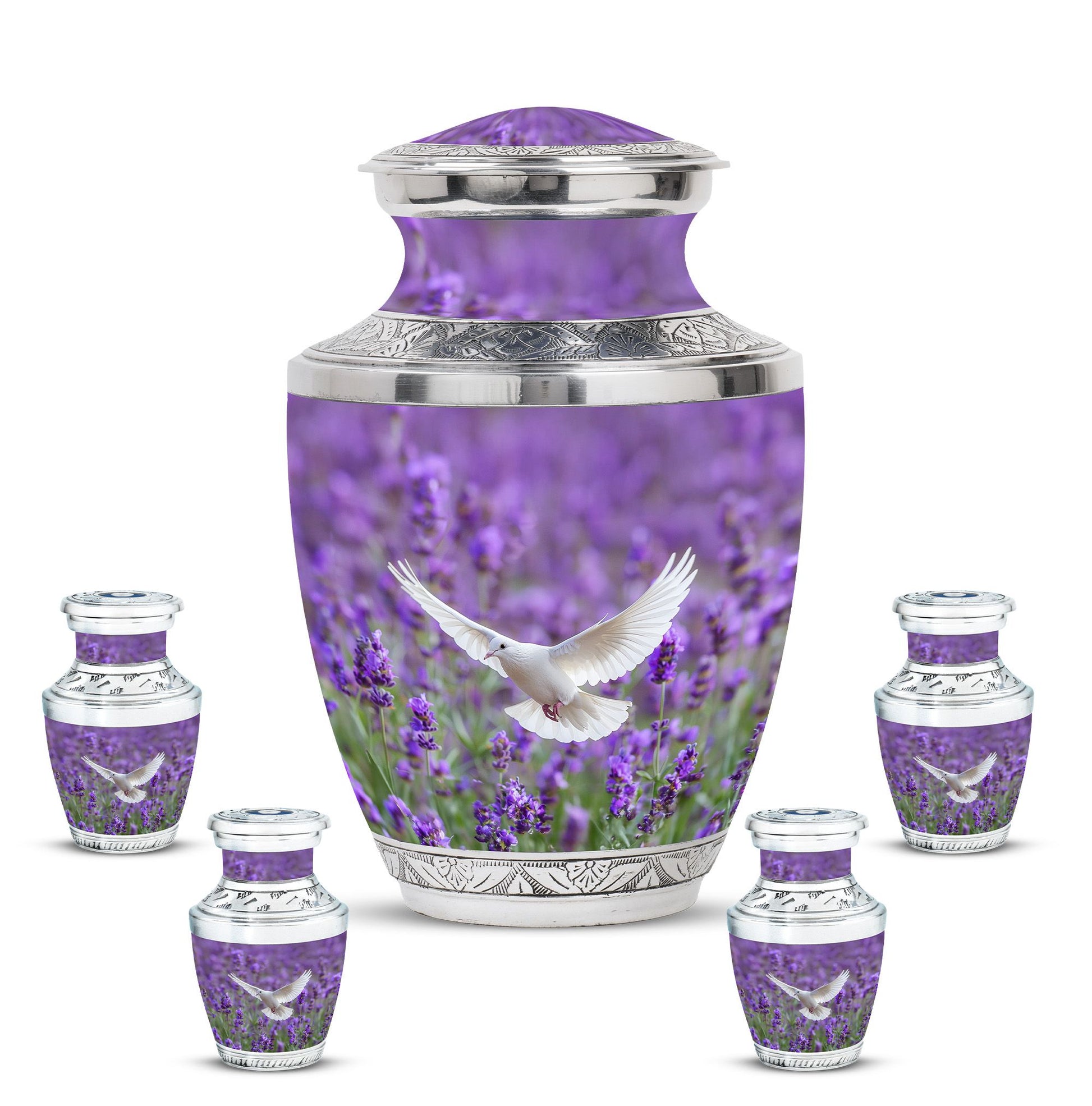 White Dove On Purple Theme Large Urn With 4 Keepsake Urn