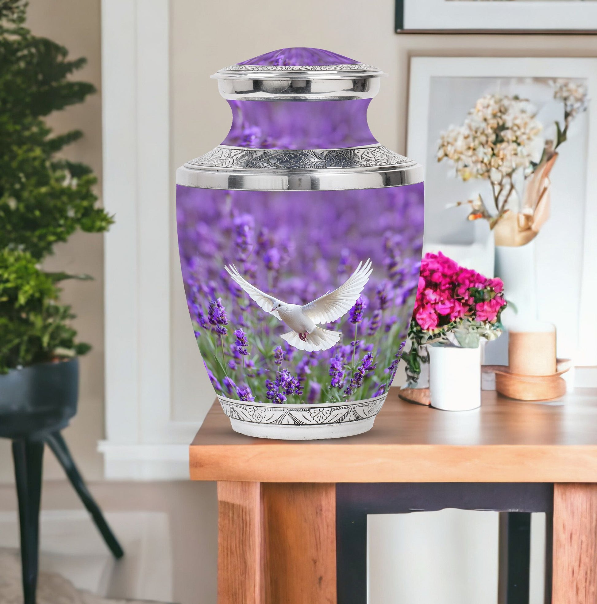 White Dove On Purple Theme Large Urn With 1 Keepsake Urn