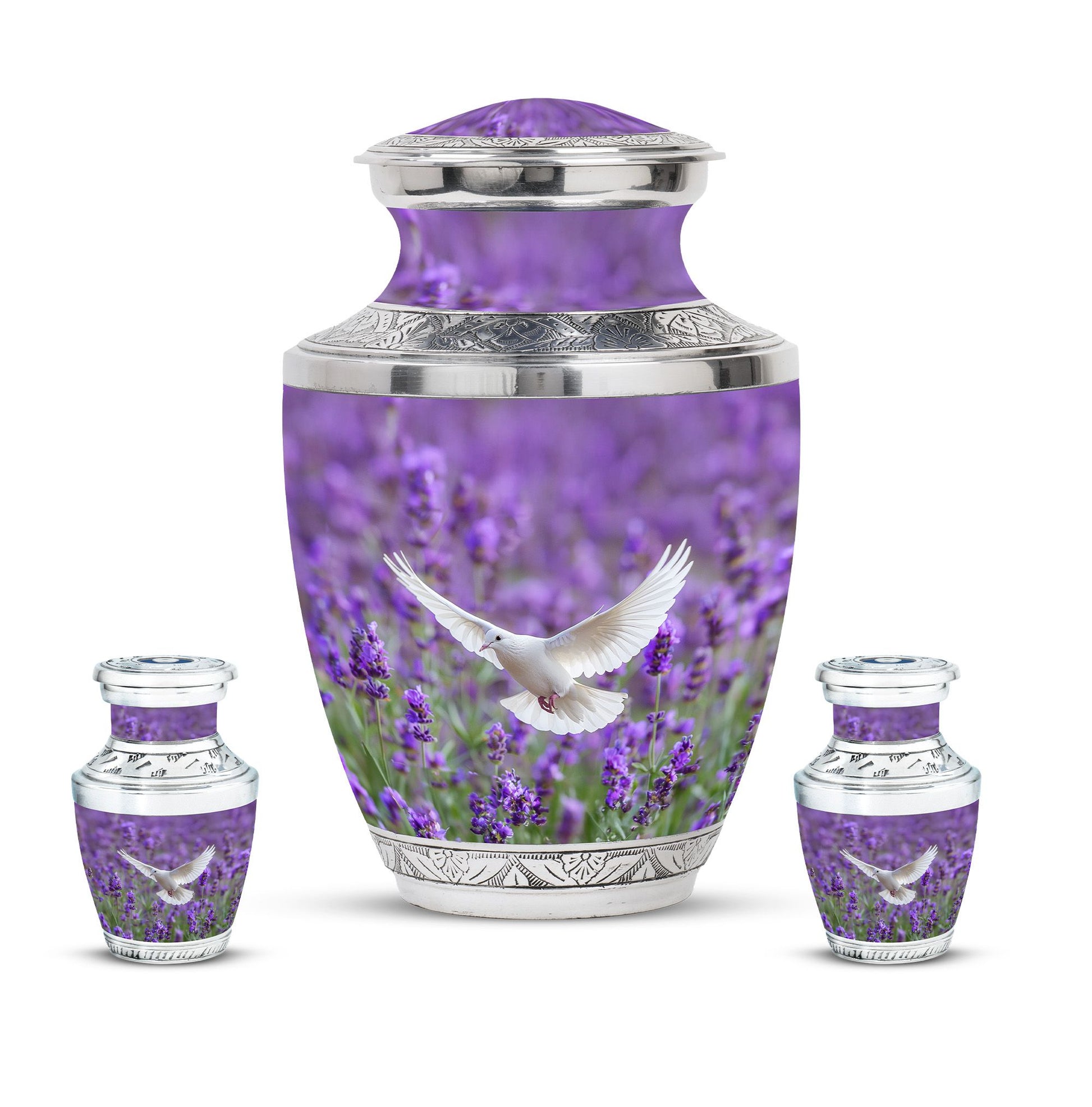 White Dove On Purple Theme Large Urn With 2 Keepsake Urn
