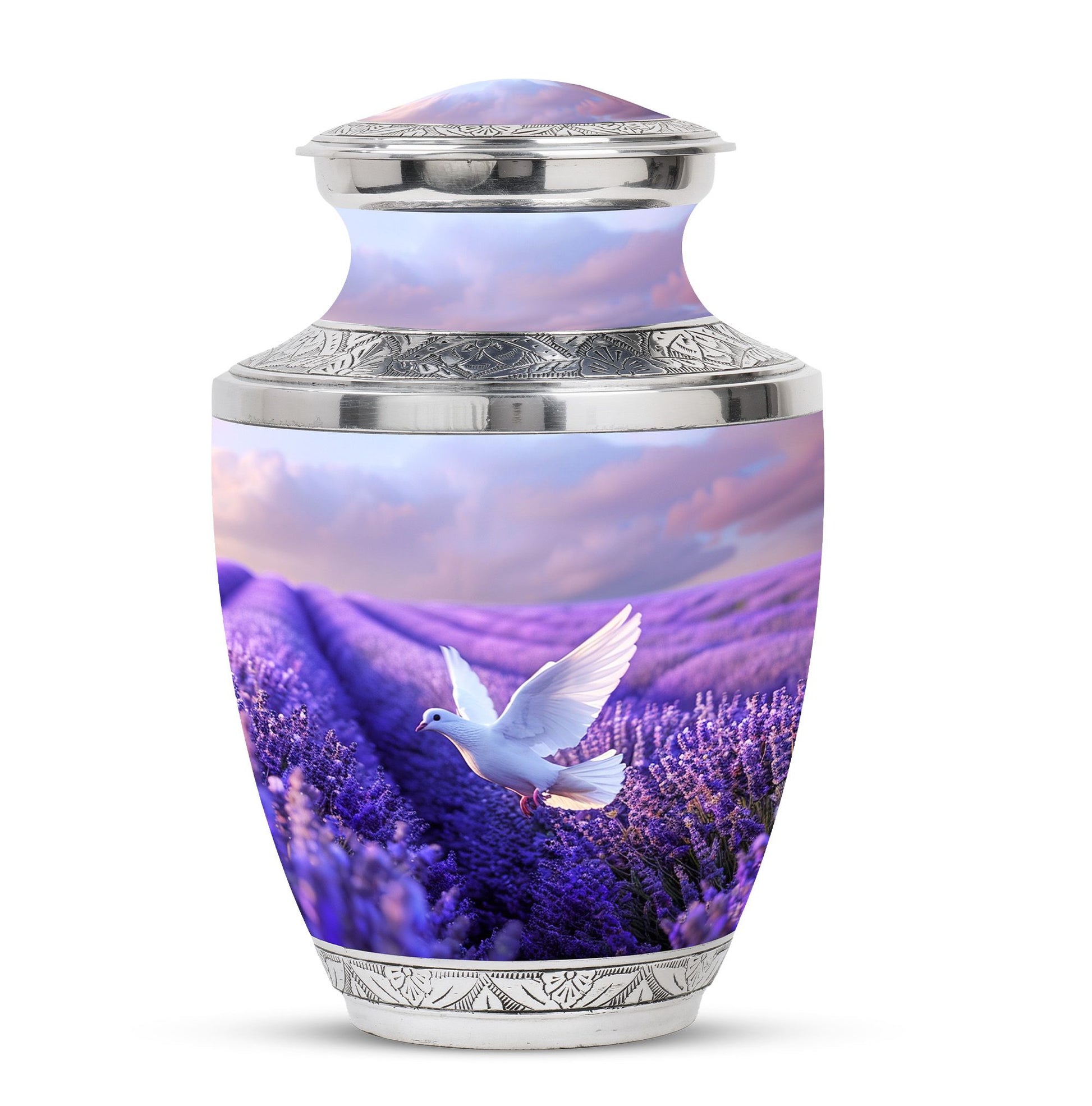 White Dove On Purple Theme Large Urn 10 Inch