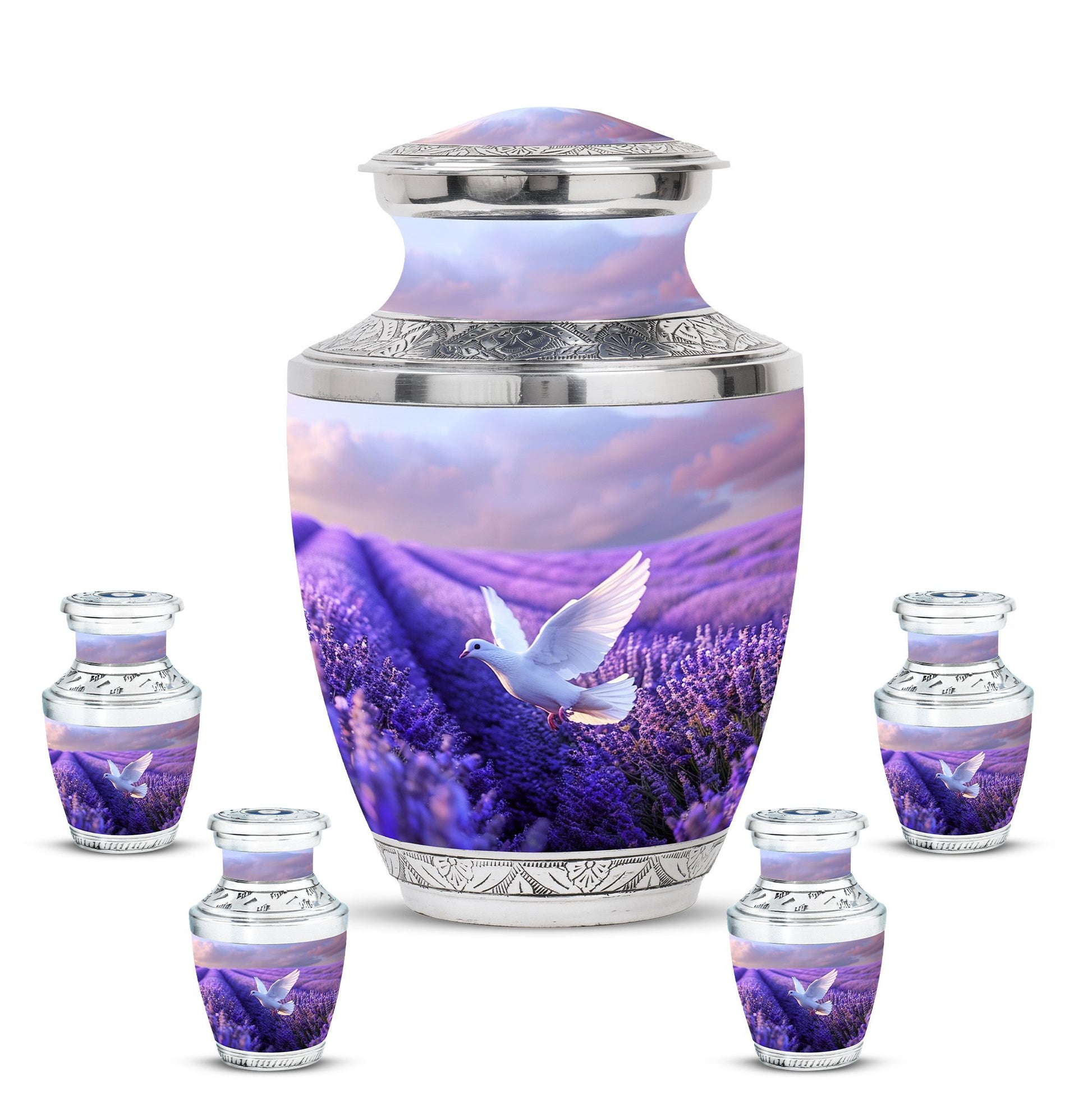 White Dove On Purple Theme Large Urn With 4 Keepsake Urn
