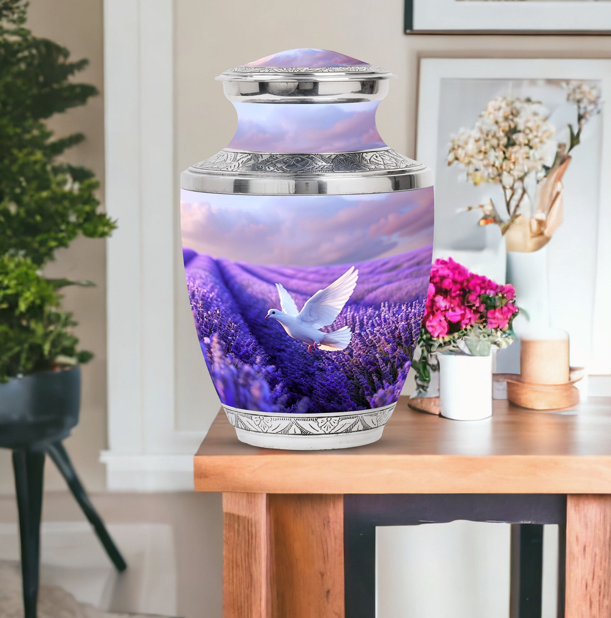 White Dove On Purple Theme Large Urn With 1 Keepsake Urn