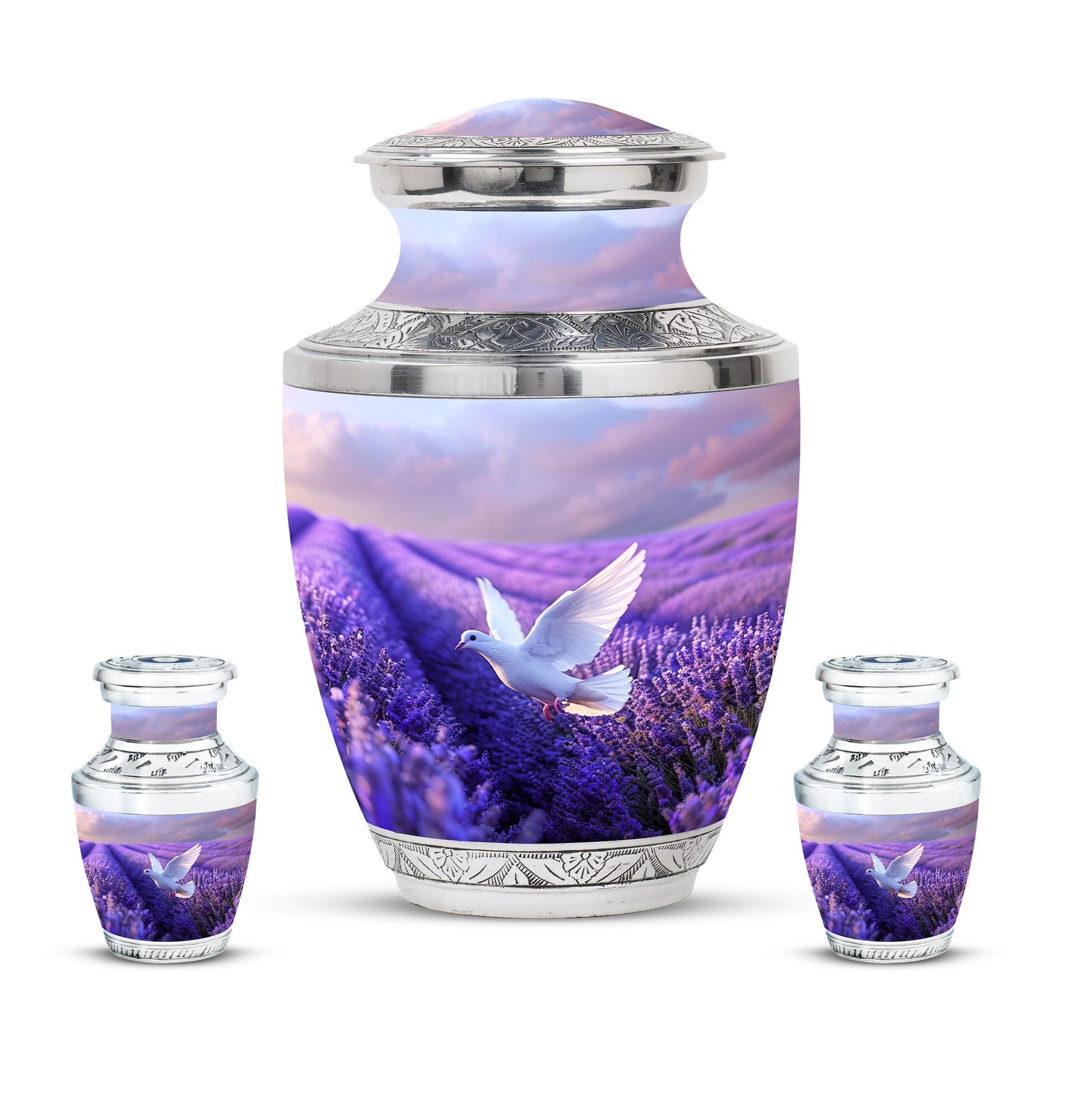 White Dove On Purple Theme Large Urn With 2 Keepsake Urn