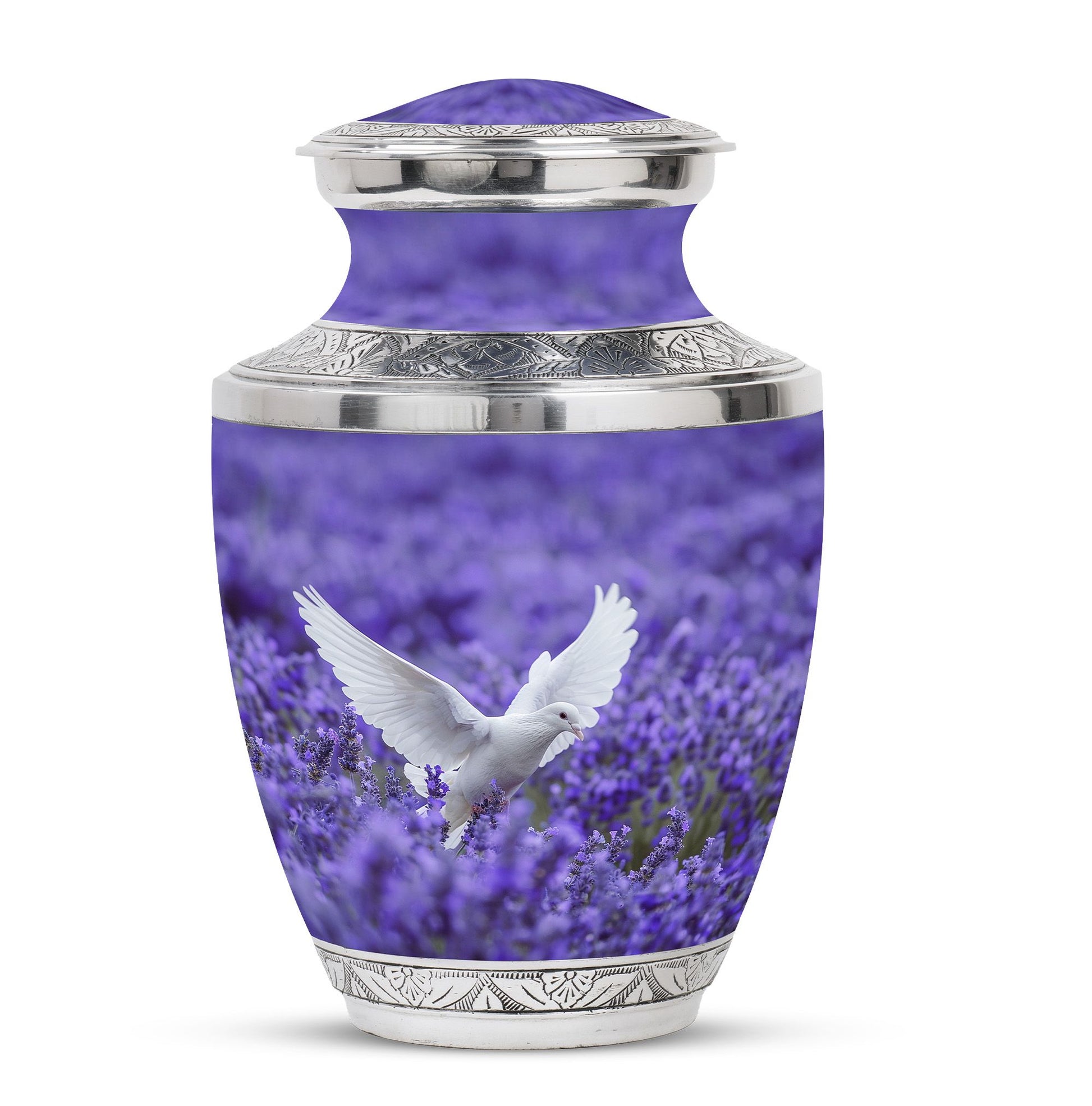 White Dove On Purple Theme Large Urn 10 Inch