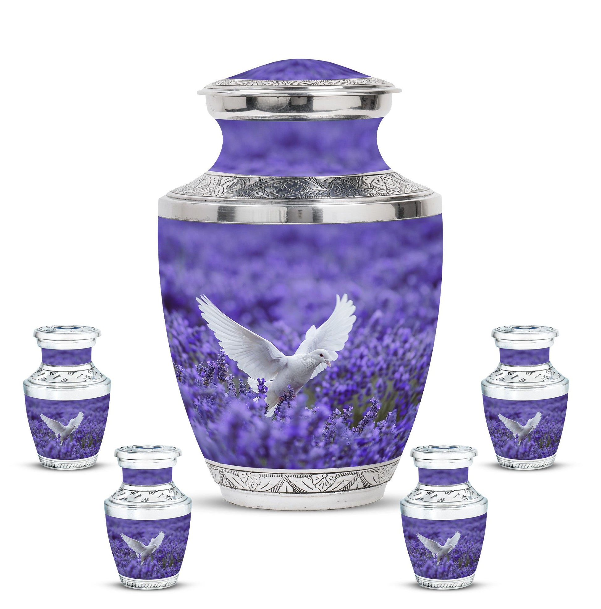 White Dove On Purple Theme Large Urn With 4 Keepsake Urn