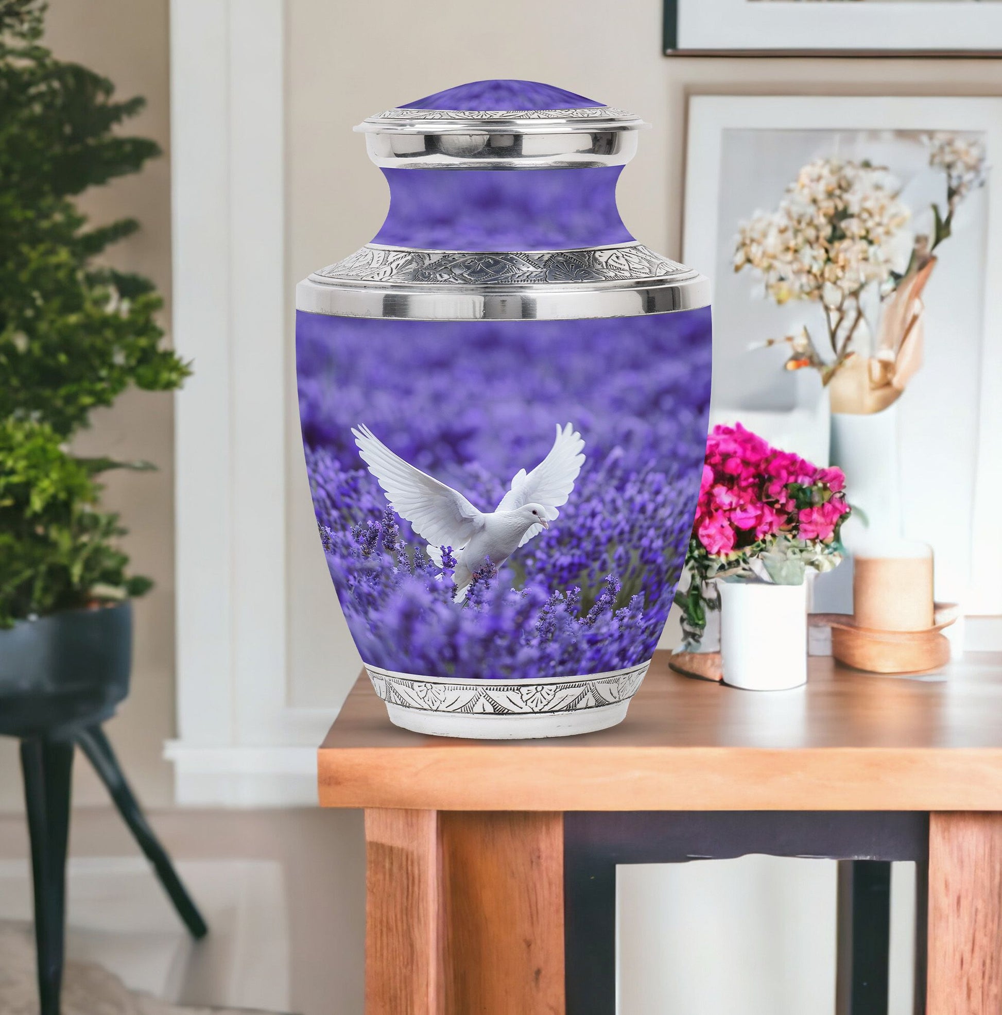 White Dove On Purple Theme Large Urn With 1 Keepsake Urn