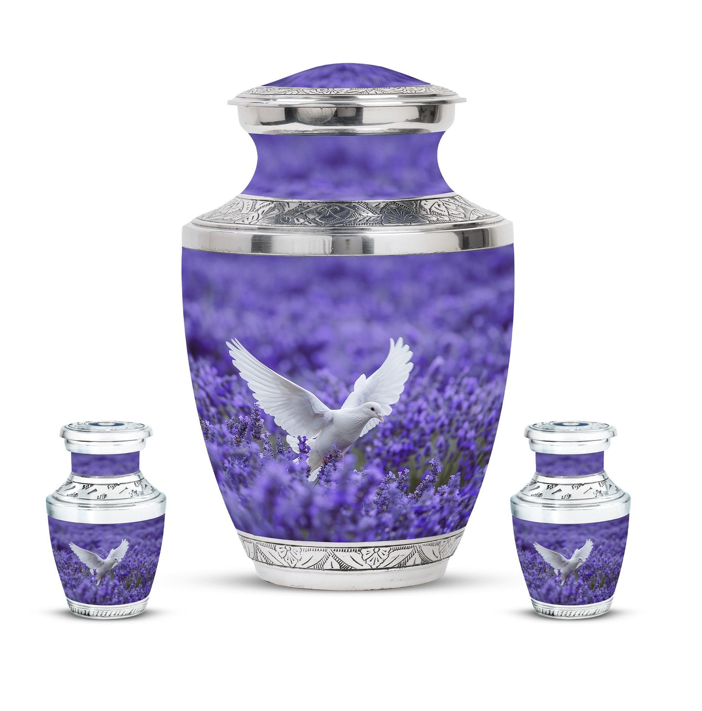White Dove On Purple Theme Large Urn With 2 Keepsake Urn