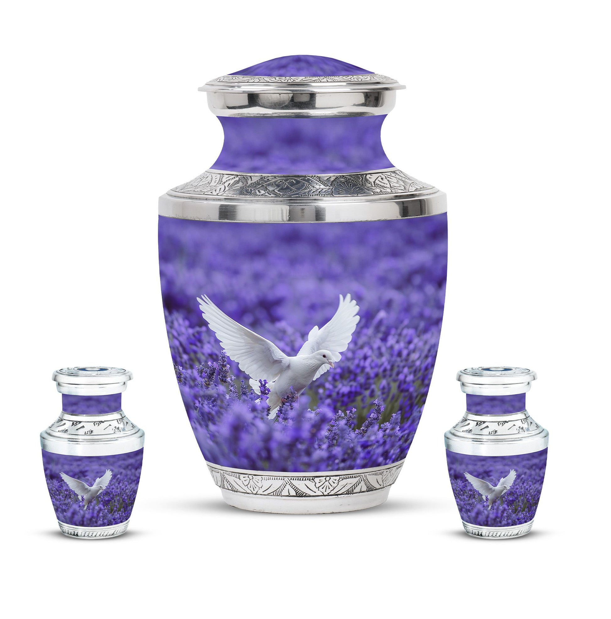 White Dove On Purple Theme Large Urn With 2 Keepsake Urn