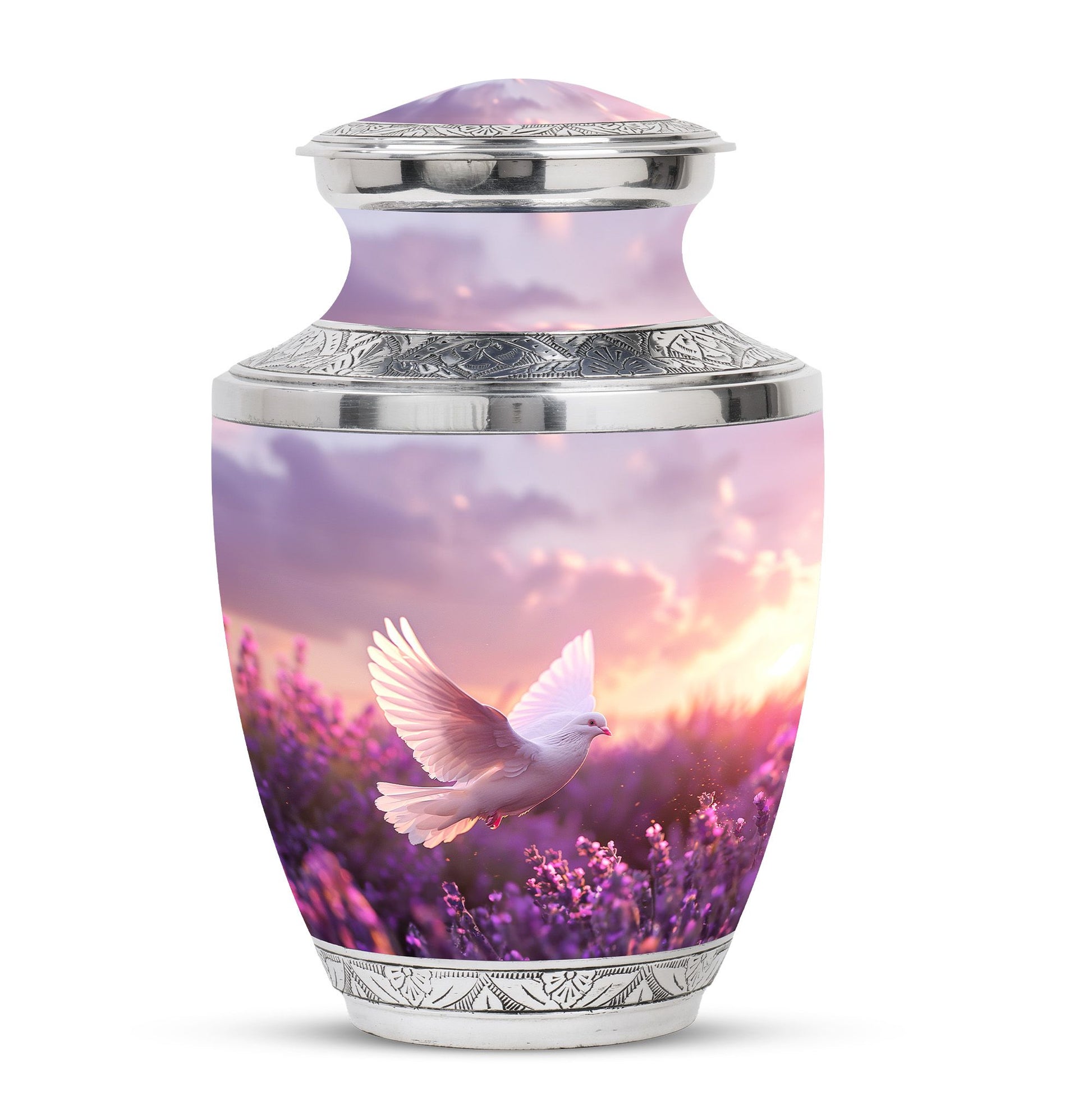 White Dove On Purple Theme Large Urn 10 Inch