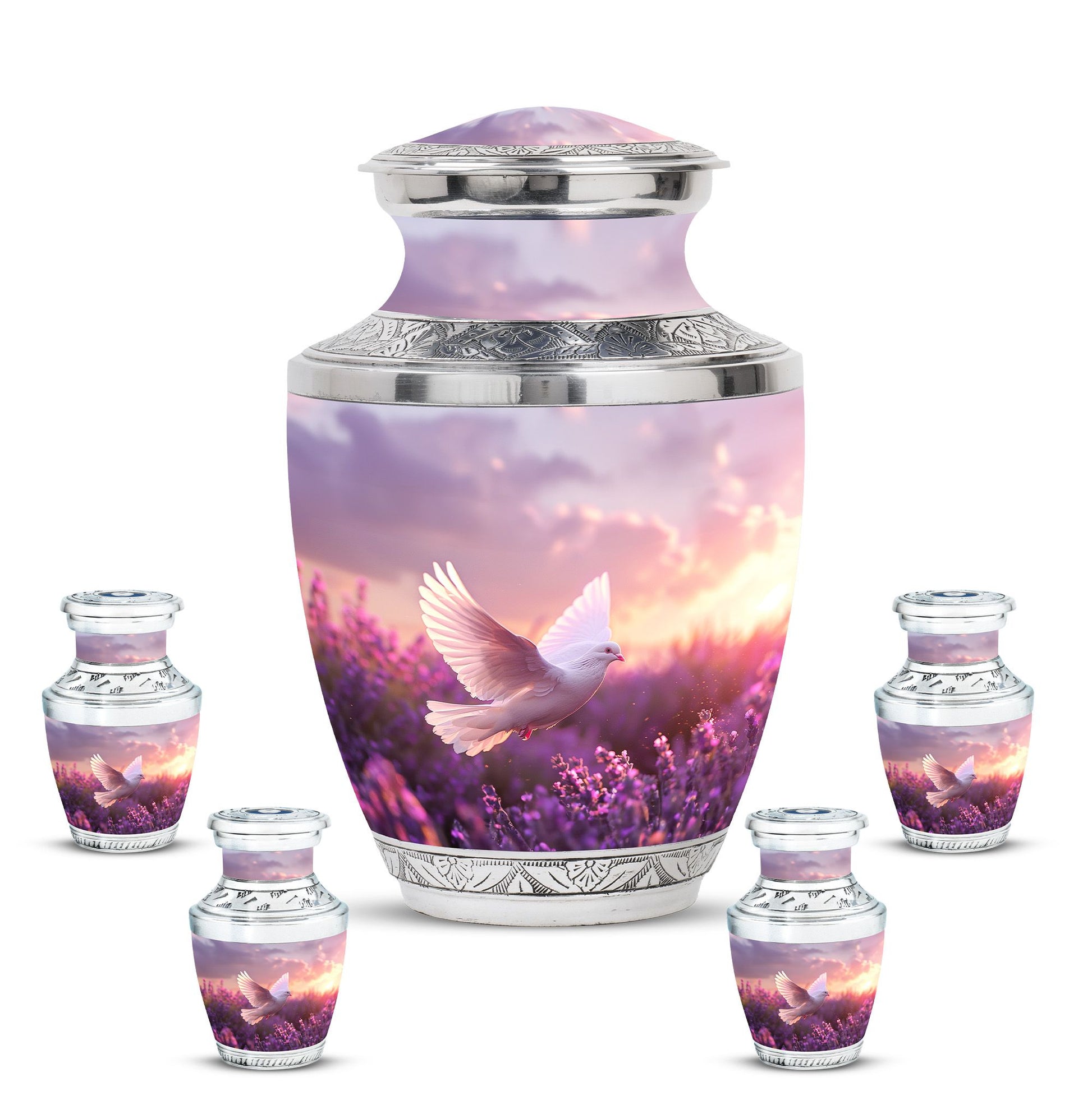 White Dove On Purple Theme Large Urn With 4 Keepsake Urn