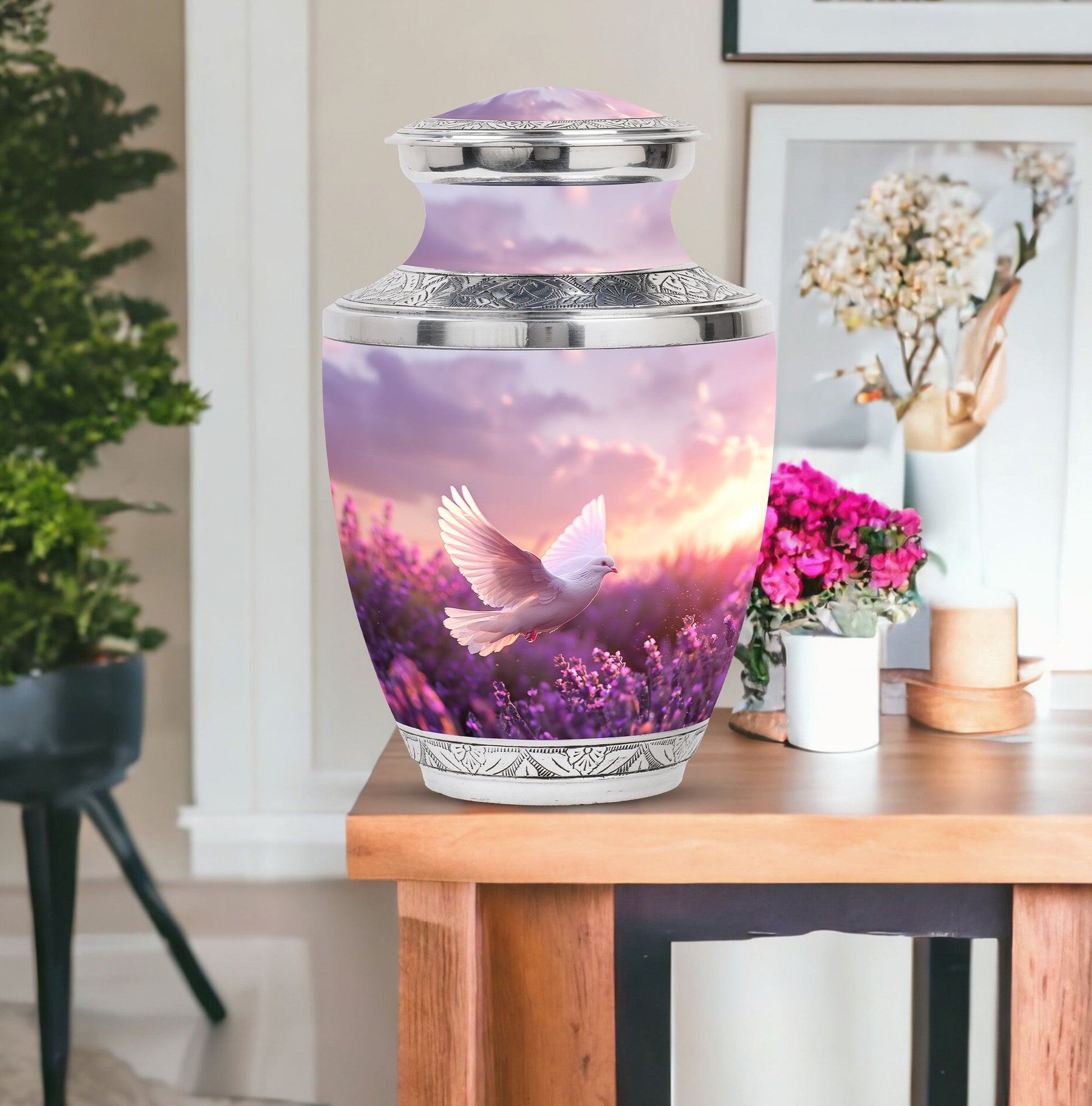 White Dove On Purple Theme Large Urn With 1 Keepsake Urn