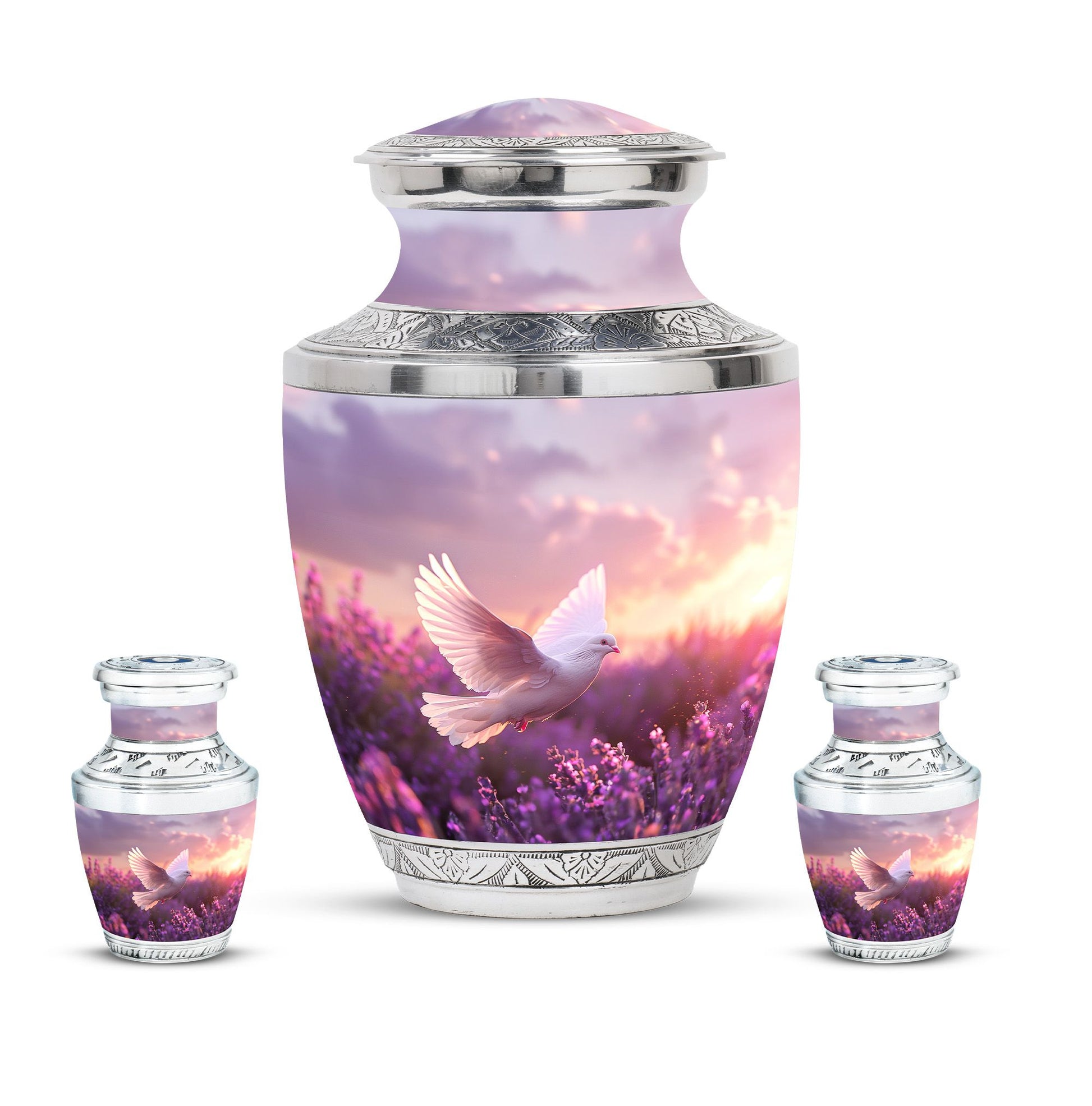 White Dove On Purple Theme Large Urn With 2 Keepsake Urn