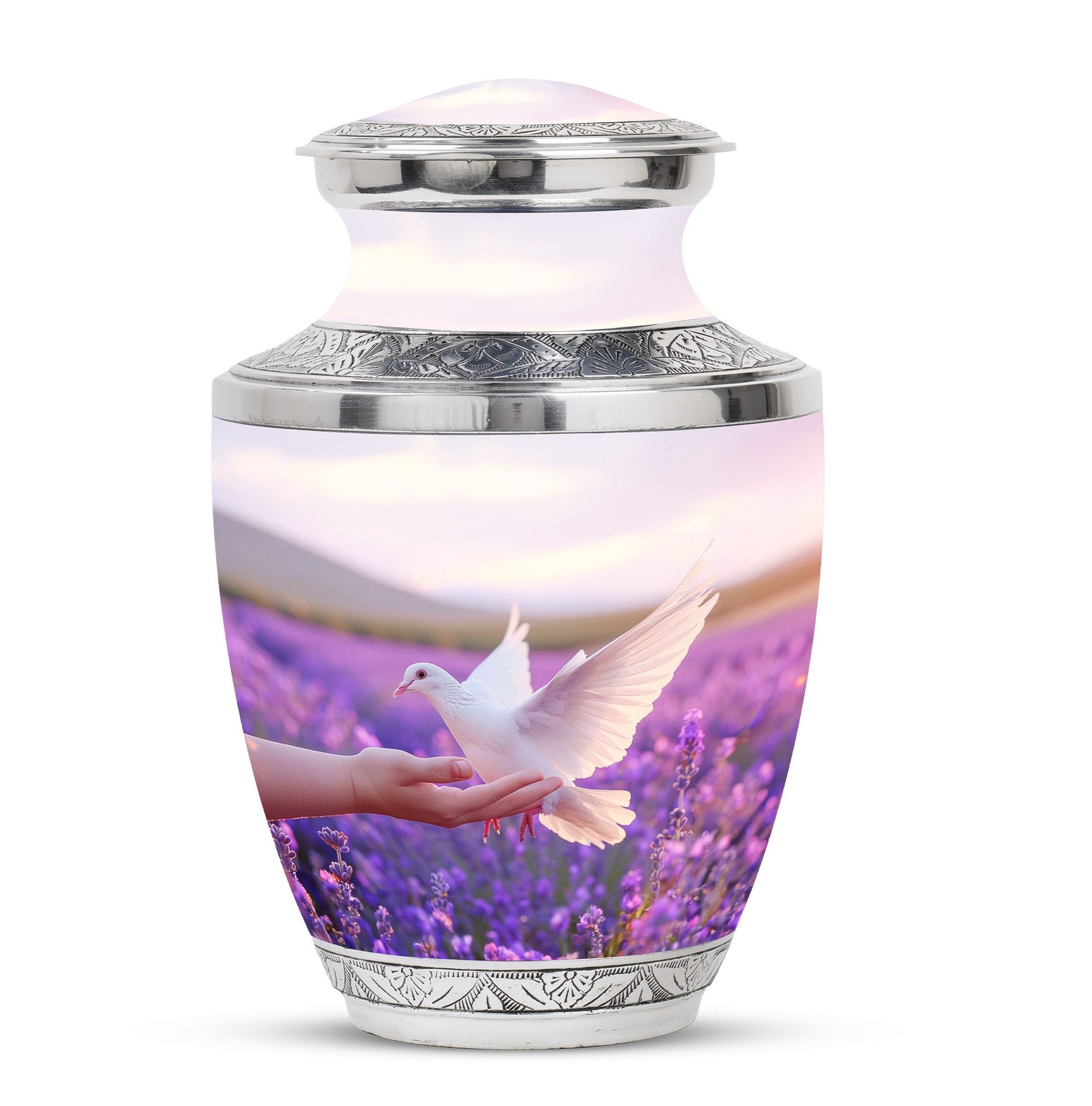 White Dove On Purple Theme Large Urn 10 Inch