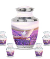White Dove On Purple Theme Large Urn With 4 Keepsake Urn