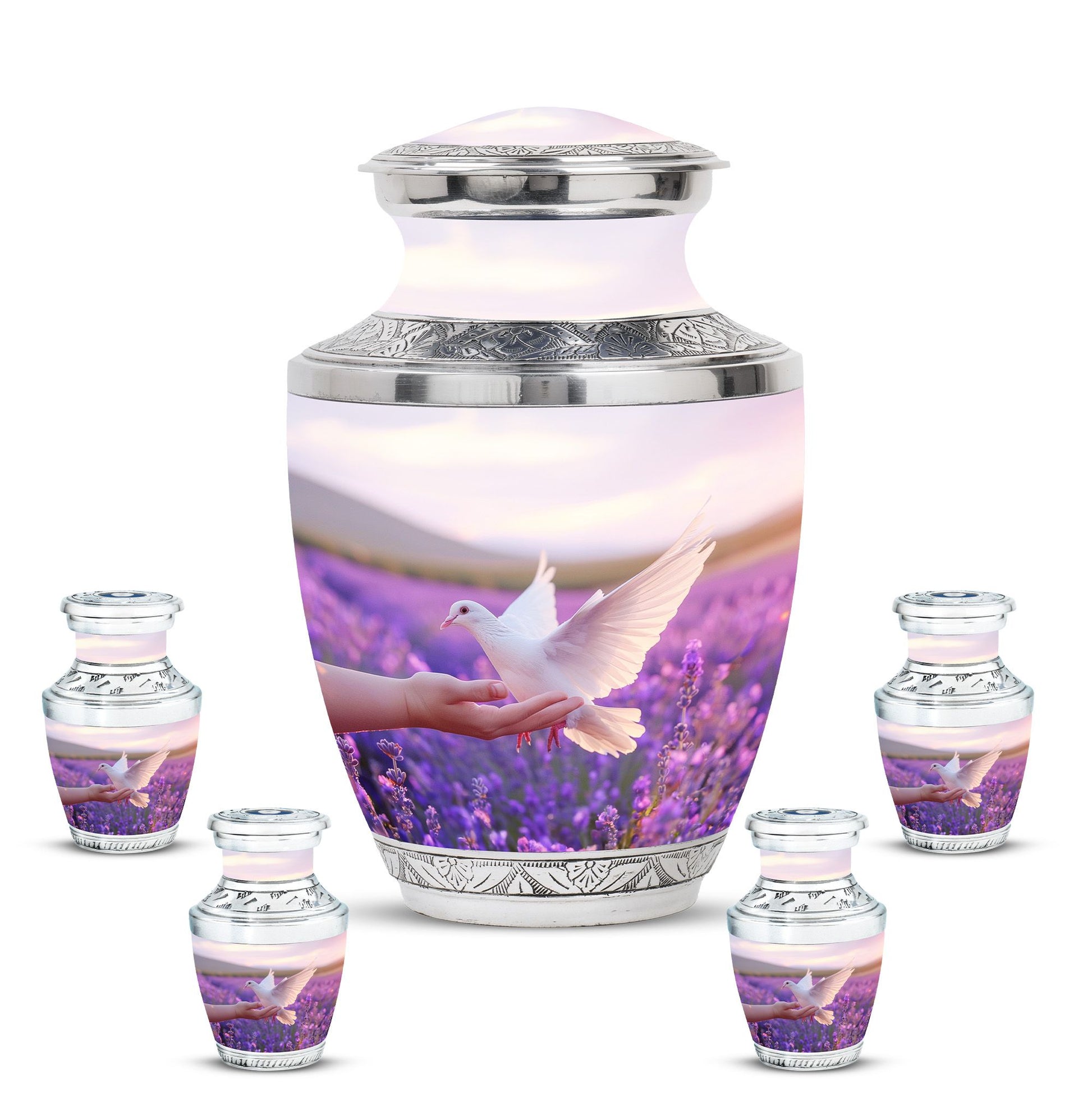 White Dove On Purple Theme Large Urn With 4 Keepsake Urn