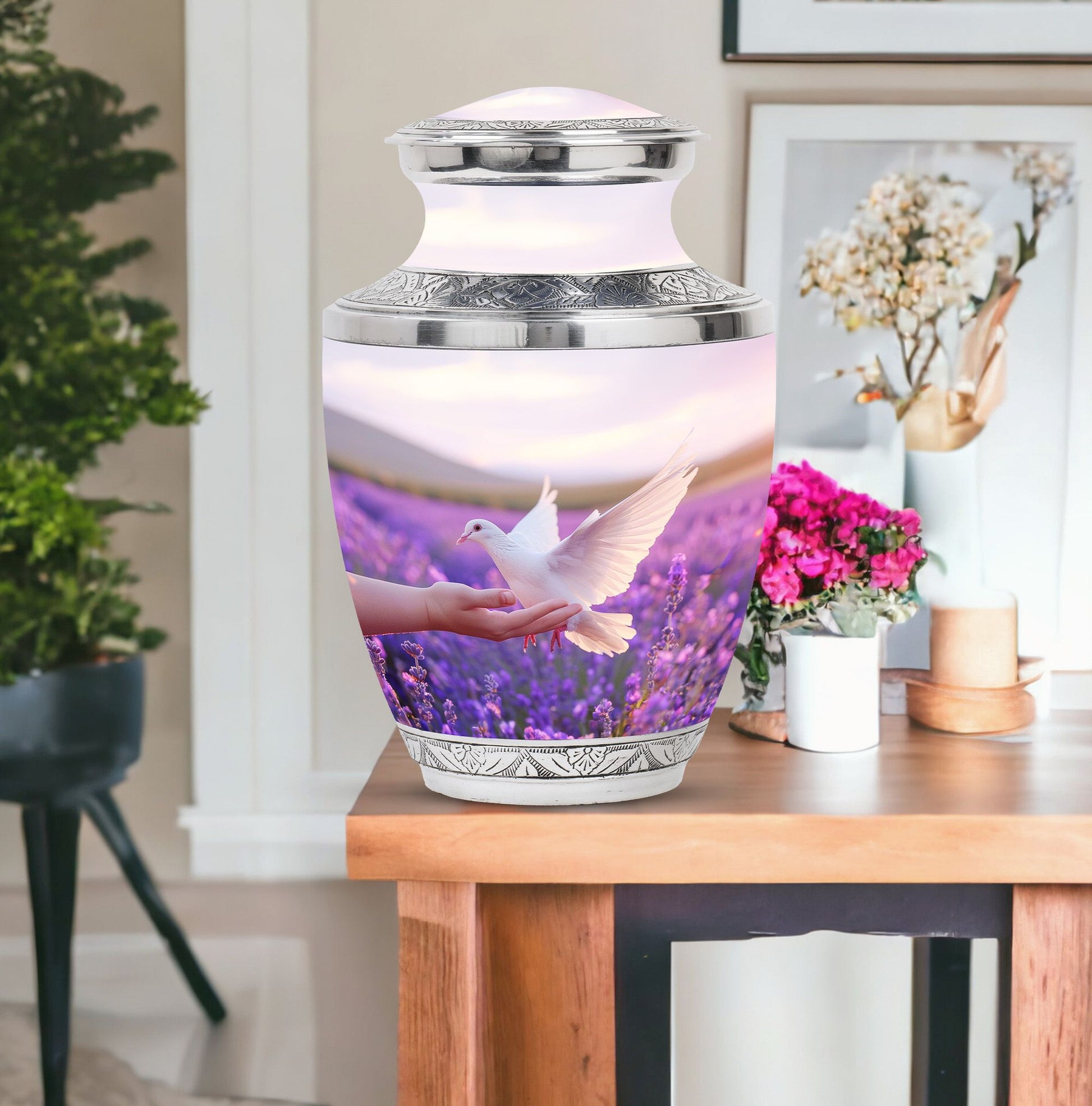 White Dove On Purple Theme Large Urn With 1 Keepsake Urn