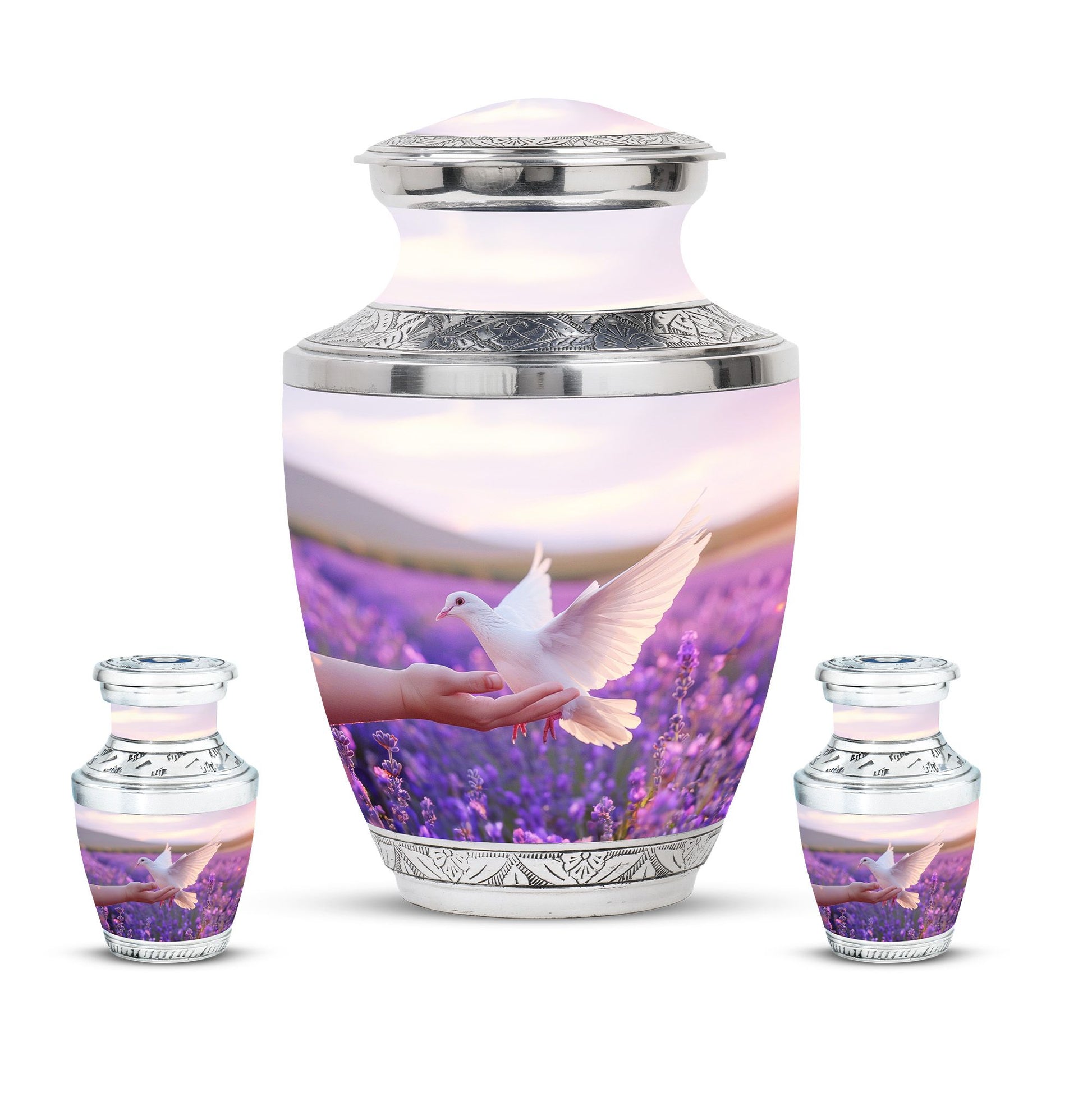 White Dove On Purple Theme Large Urn With 2 Keepsake Urn