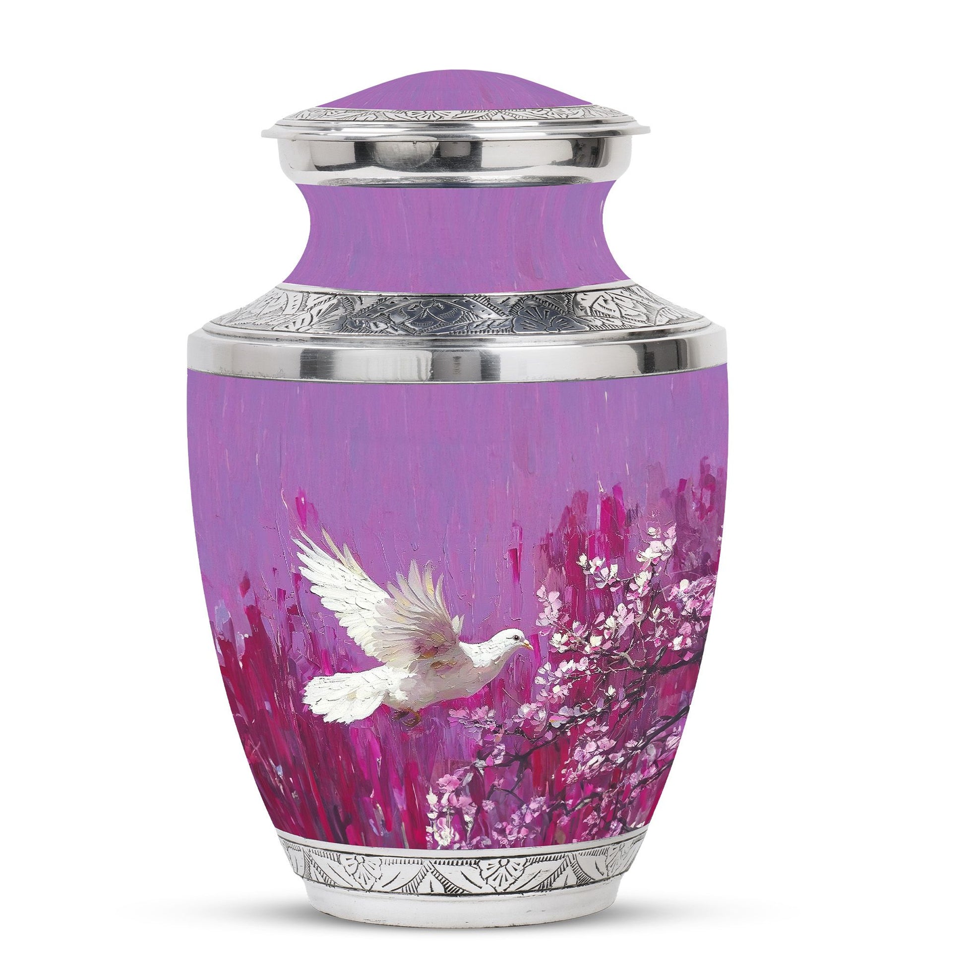 White Dove On Purple Theme Large Urn 10 Inch
