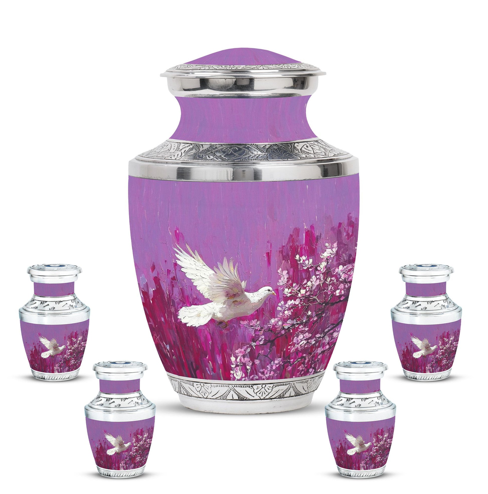 White Dove On Purple Theme Large Urn With 4 Keepsake Urn