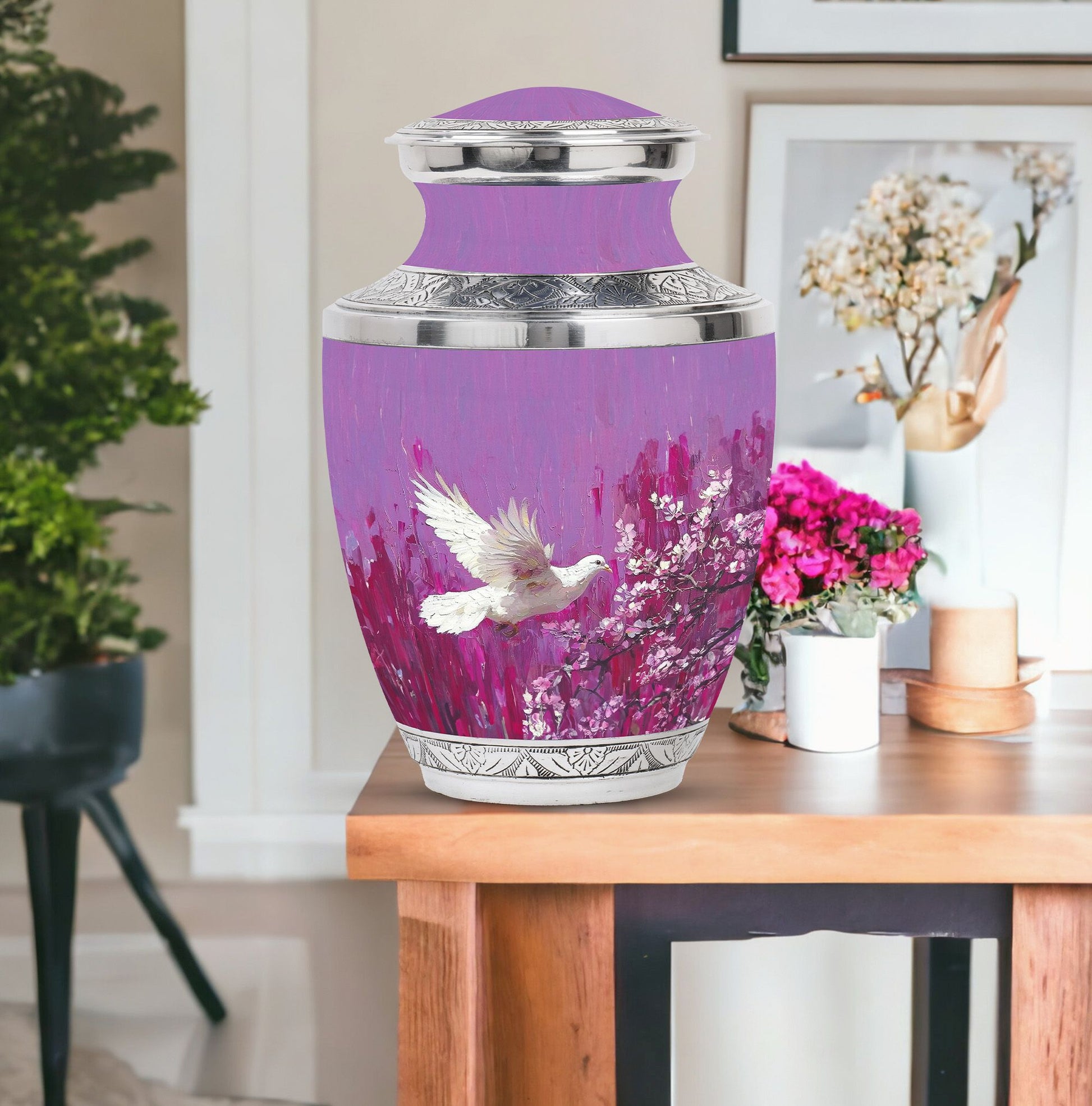 White Dove On Purple Theme Large Urn With 1 Keepsake Urn