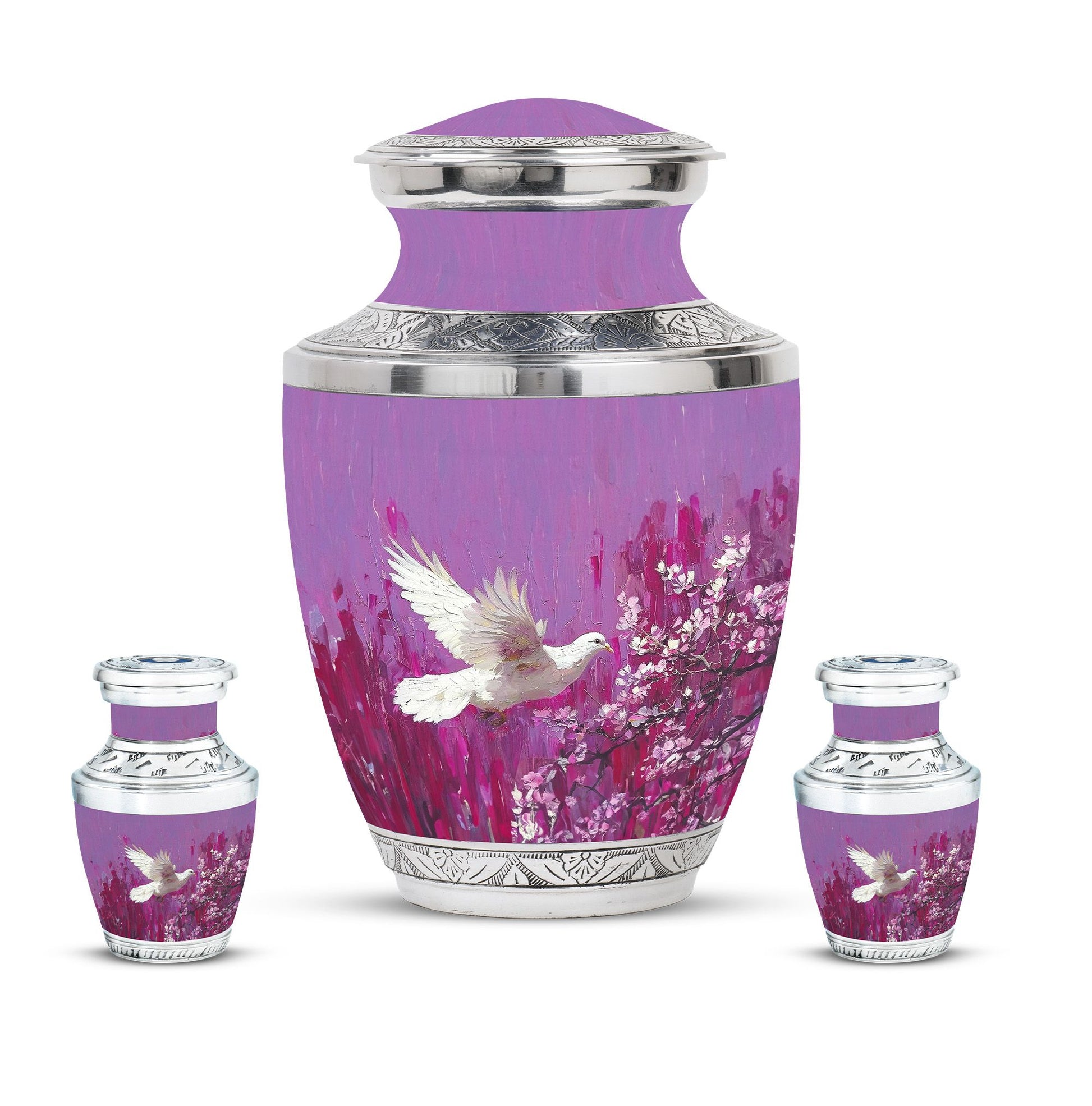 White Dove On Purple Theme Large Urn With 2 Keepsake Urn