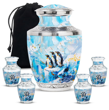 Penguin Theme Large Urn With 4 Keepsake Urn