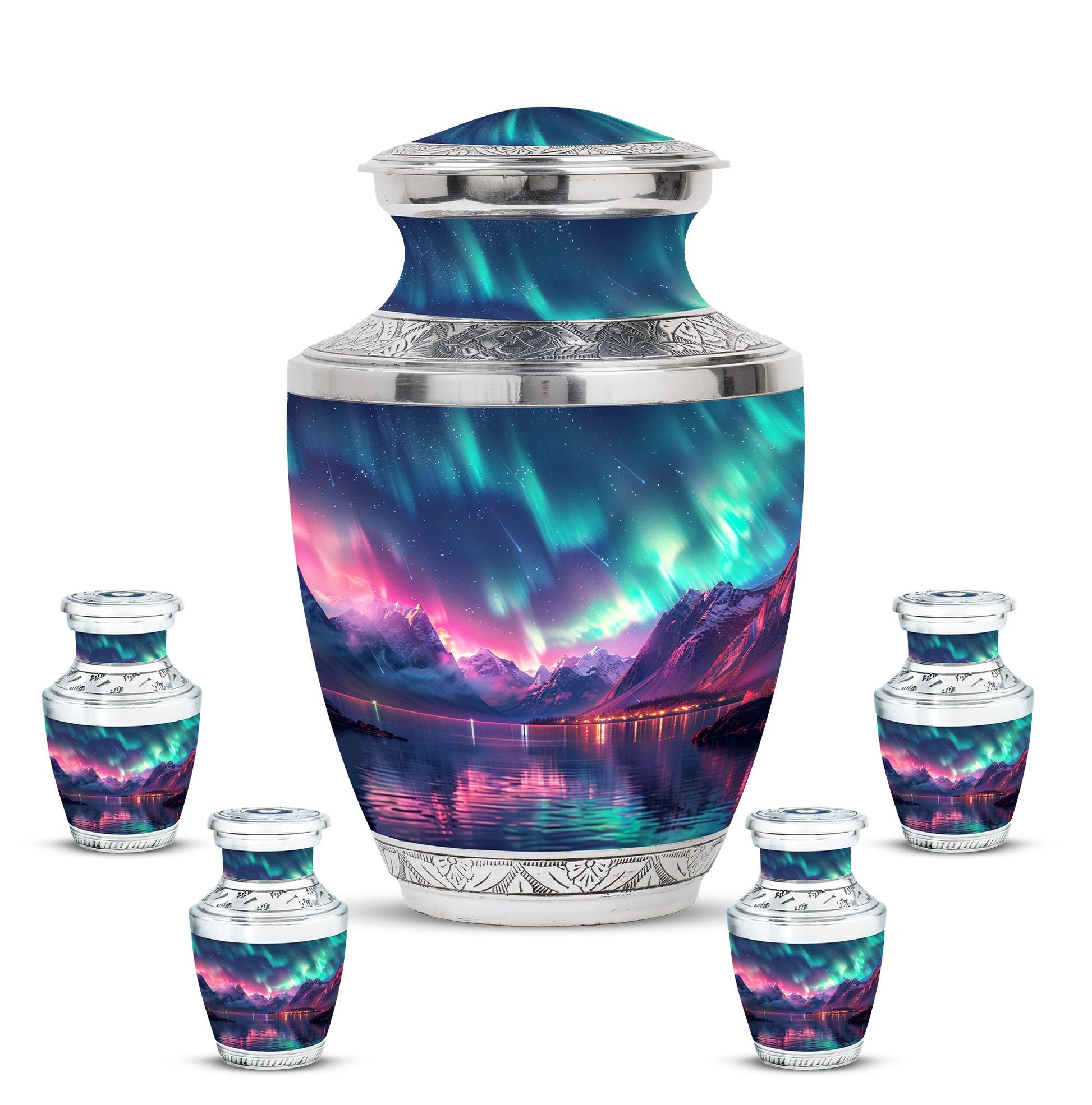 Aurora Borealis Theme Large Urn With 4 Keepsake Urn