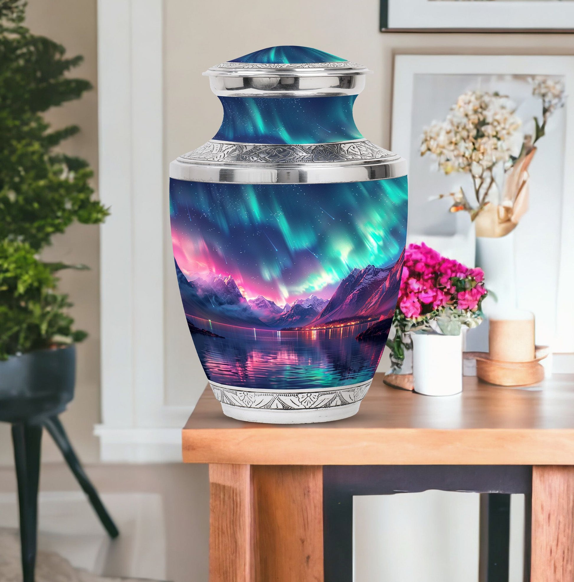 Aurora Borealis Theme Large Urn With 1 Keepsake Urn