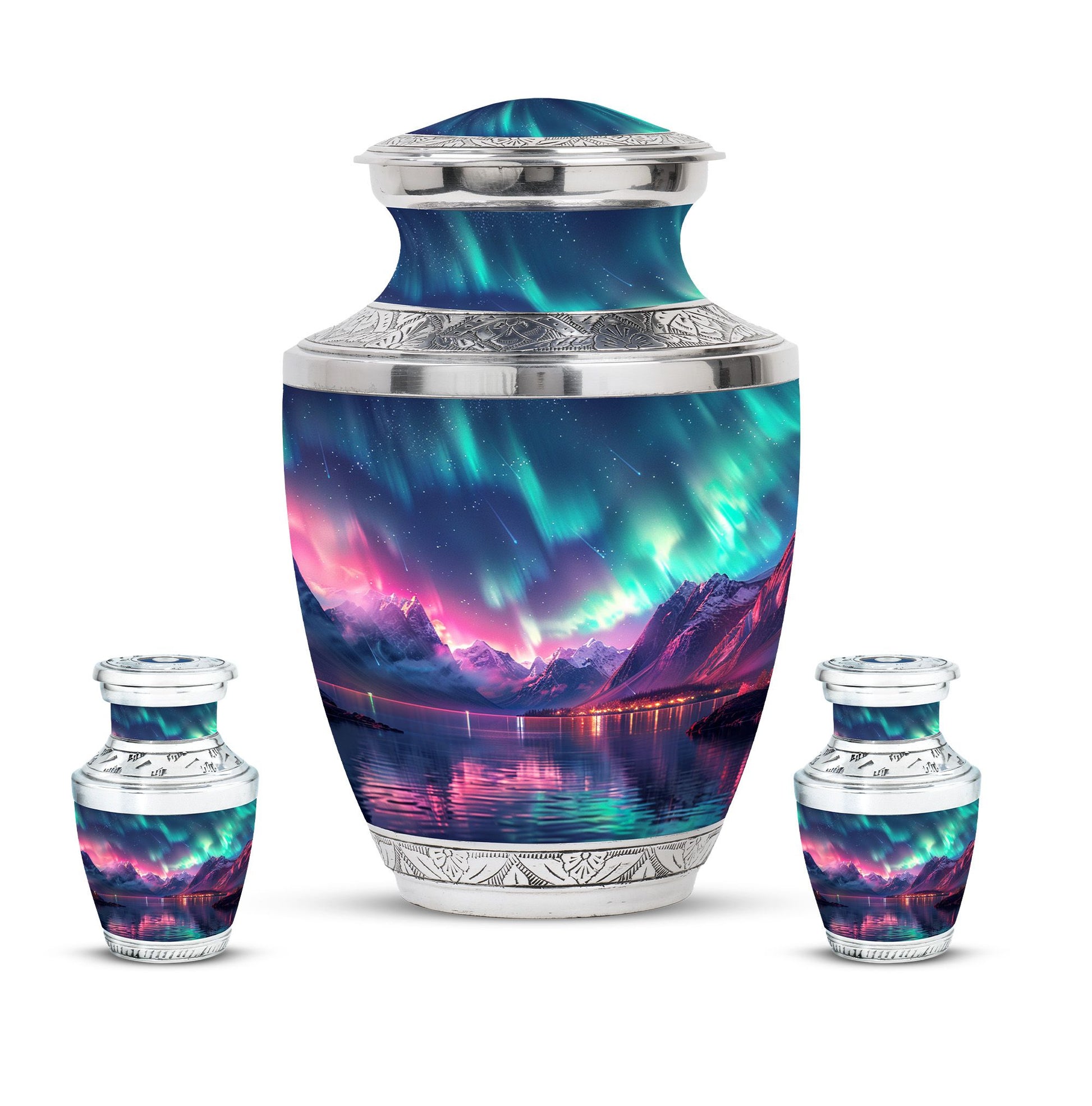 Aurora Borealis Theme Large Urn With 2 Keepsake Urn