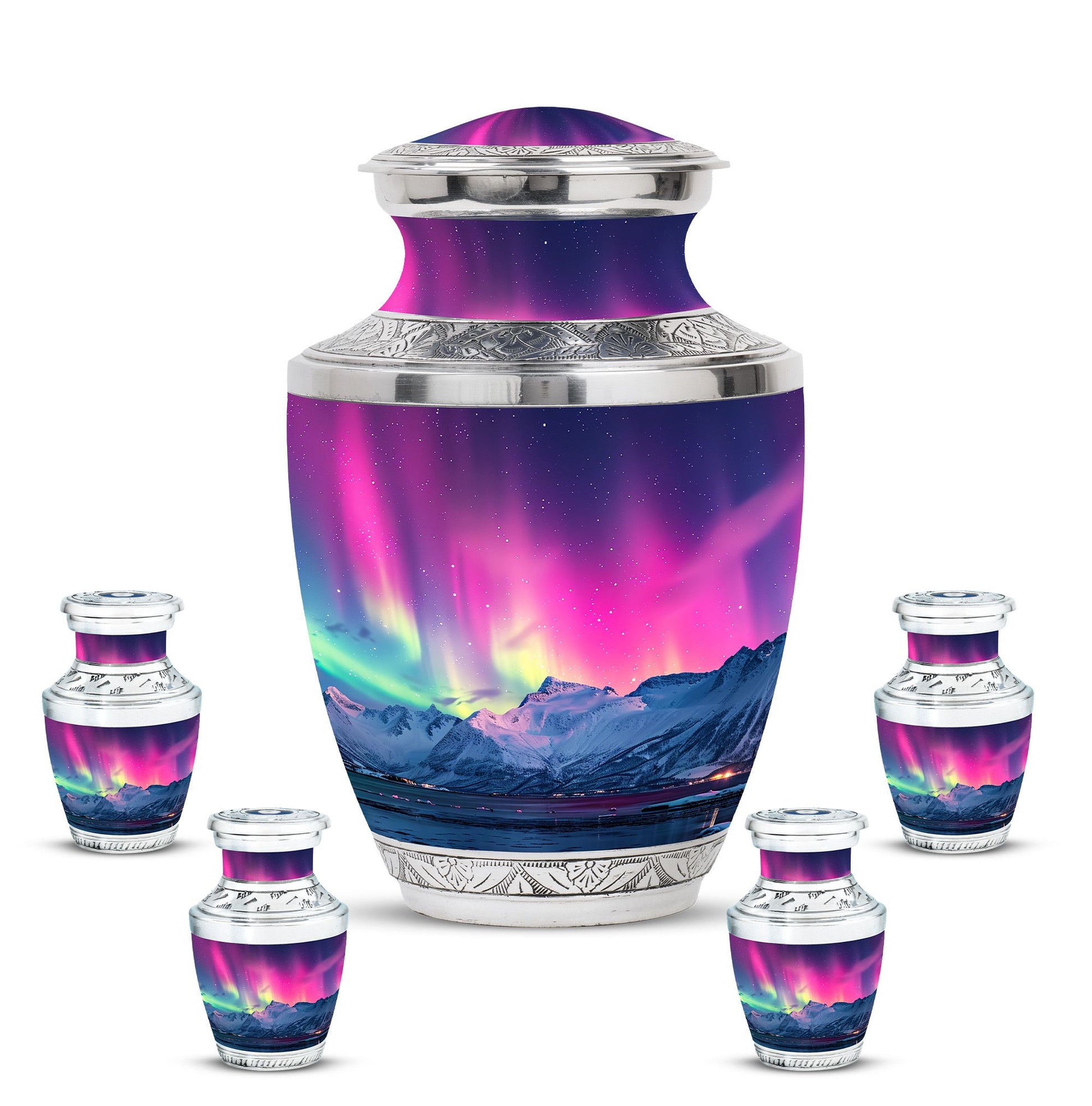 Aurora Borealis Theme Large Urn With 4 Keepsake Urn