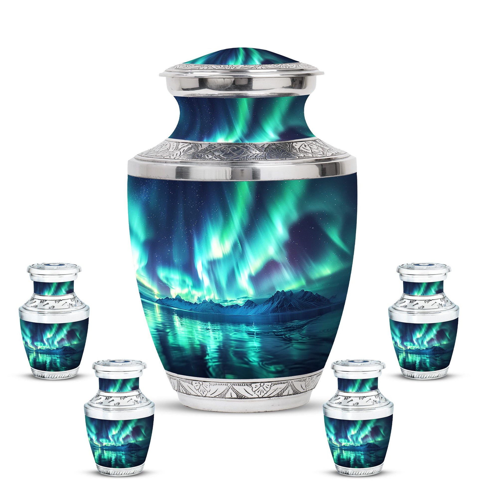 Aurora Borealis Borealis Theme Large Urn With 4 Keepsake Urn