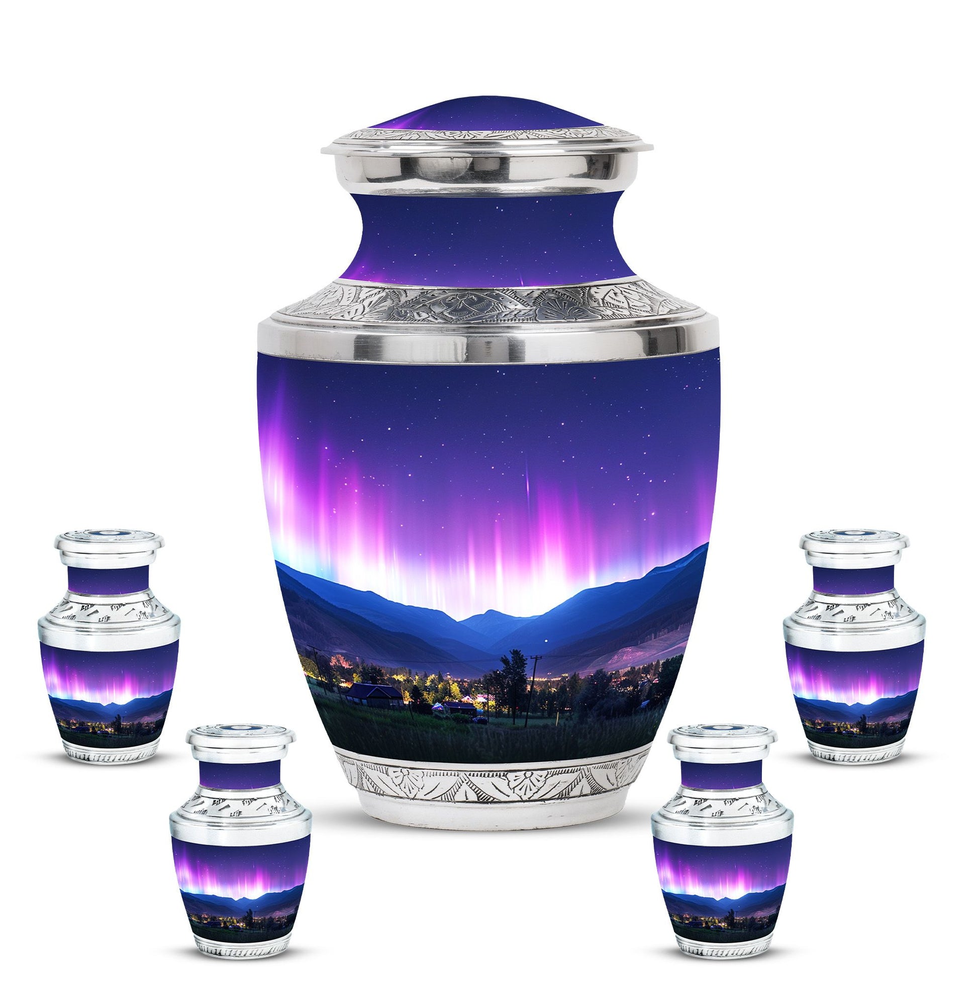 Aurora Borealis Theme Large Urn With 4 Keepsake Urn